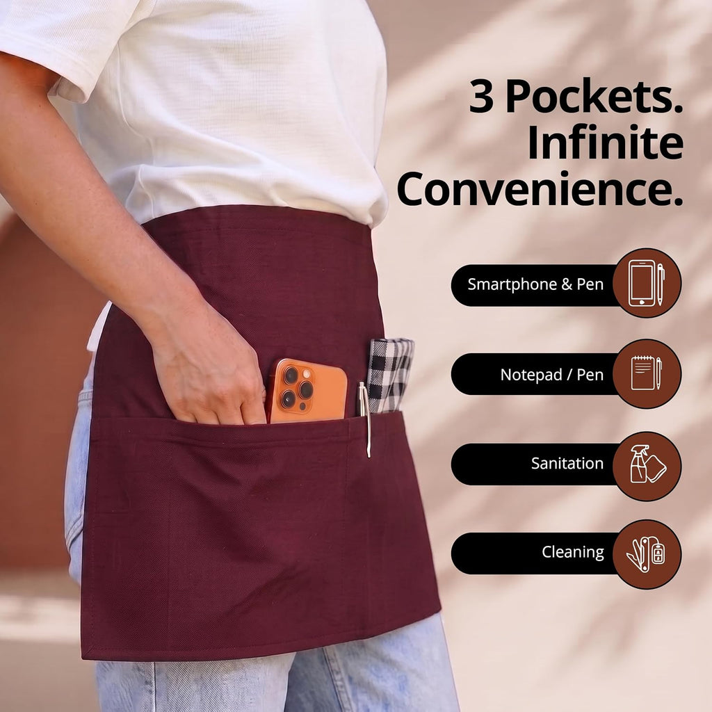 Server Waist Aprons 4 Pack with 3 Pockets 100% Polyester
