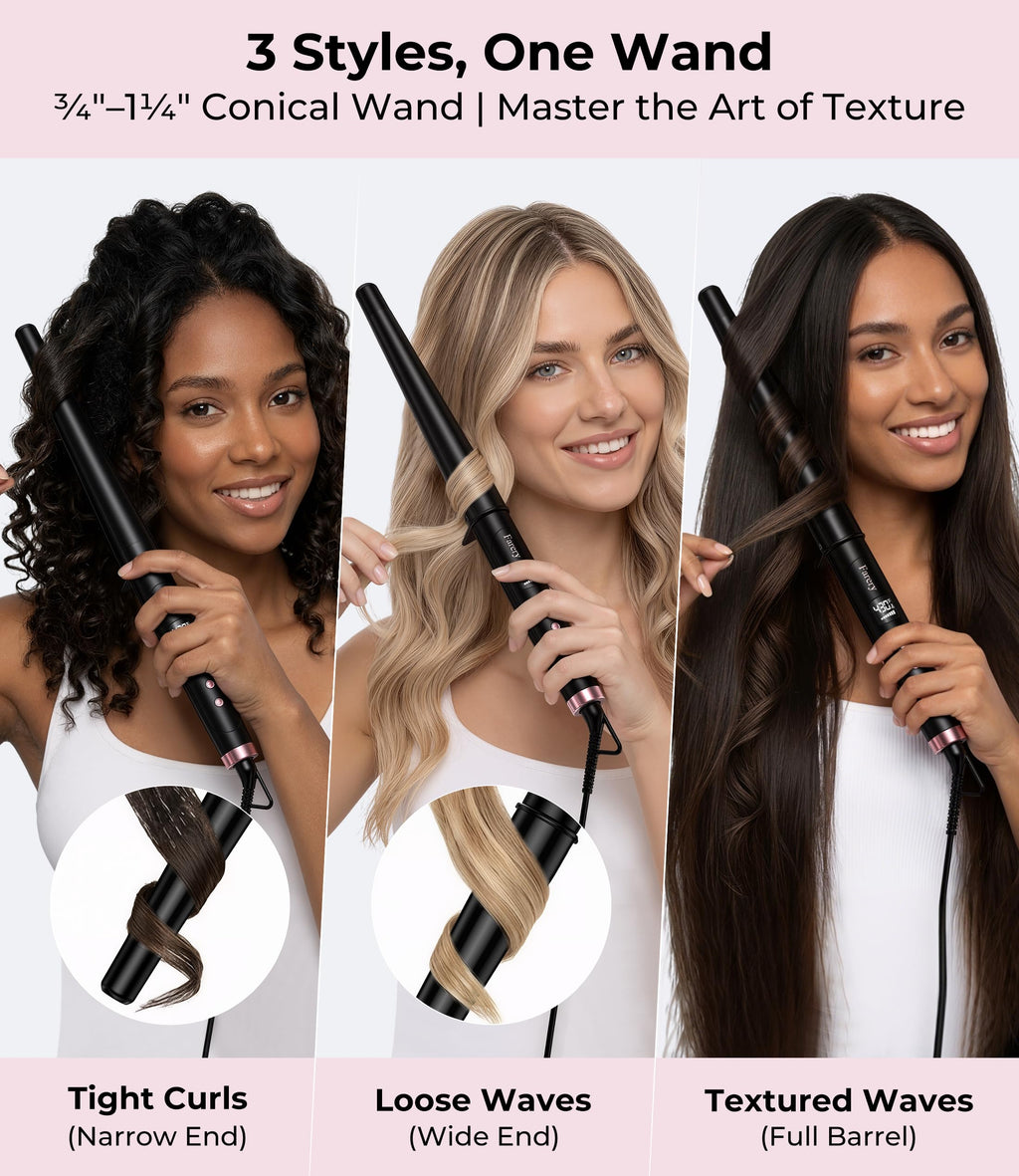 Tapered Curling Wand, 3/4-1 1/4" Conical, 7.3" Extra Long Barrel