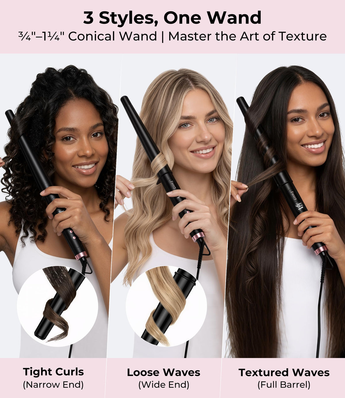 Tapered Curling Wand, 3/4-1 1/4" Conical, 7.3" Extra Long Barrel