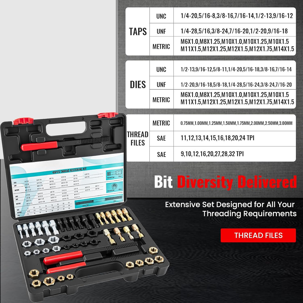 49PCS Thread Chaser Set, Metric SAE Thread Restorer Kit