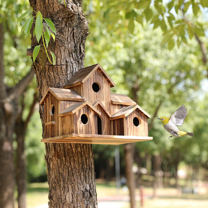 6-Hole Hanging Wooden Bird House for Outside, Brown Garden Decor