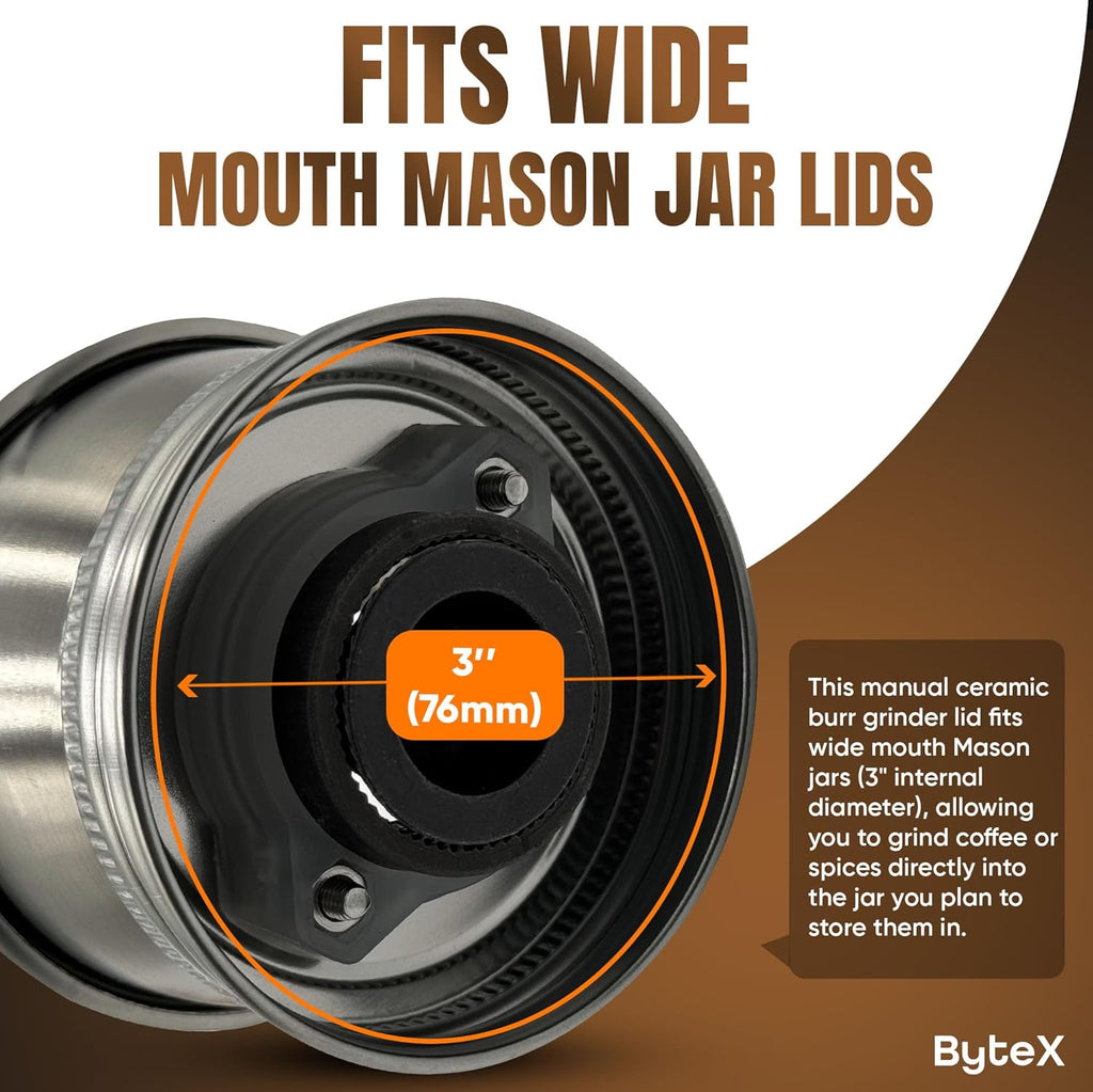 Stainless Steel Coffee Grinder Lid Attachment for Regular Mouth Mason Jars - Manual Crank Burr Grinder for Fresh