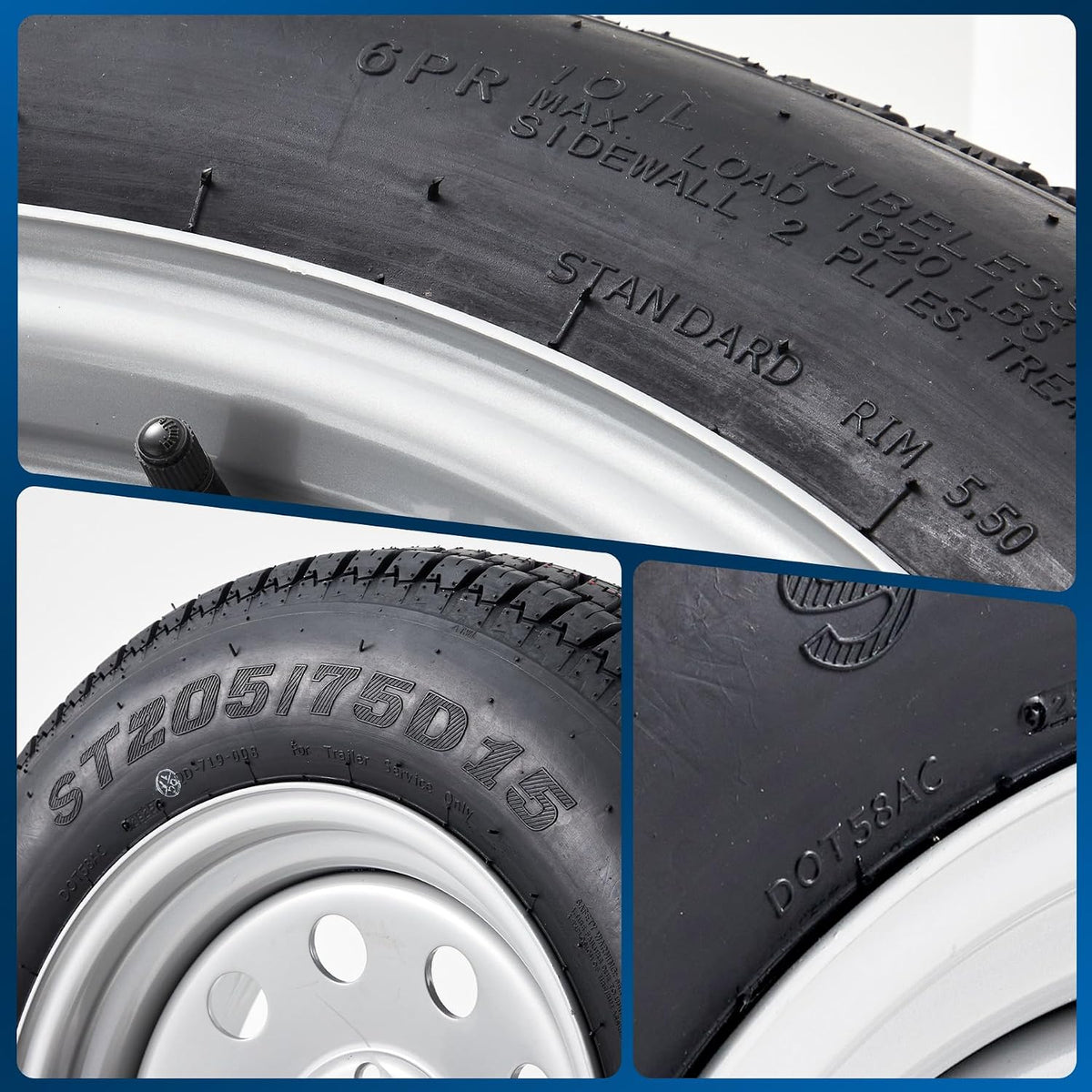ST205/75D15 Trailer Tires with 15 in Rims, 5 Lug on 4.5 in, Load Range C, 6PR