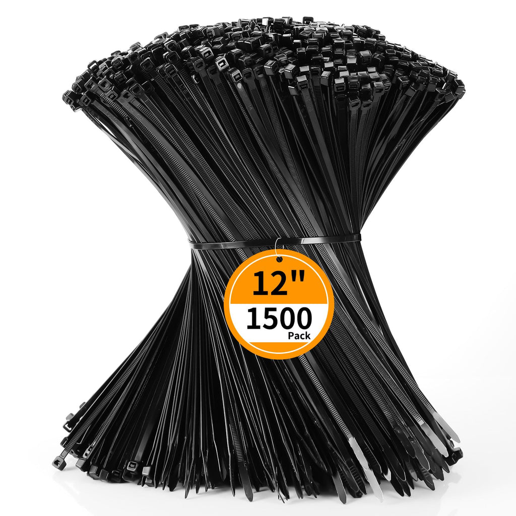 Cable Zip Ties 12 inch Cehony 1500 Pack Plastic Black Zip Ties 50lbs