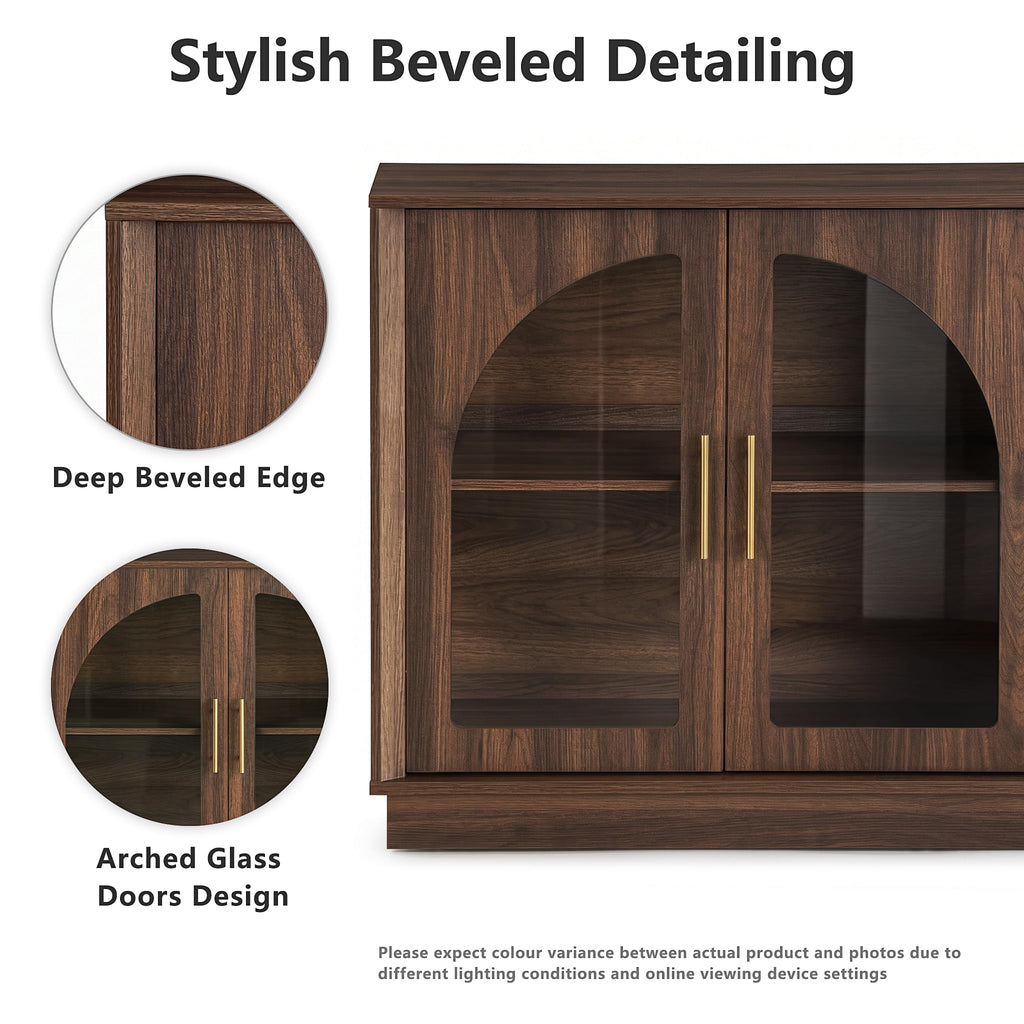64" Sideboard Buffet Cabinet with Arched Glass Doors,Dark Walnut
