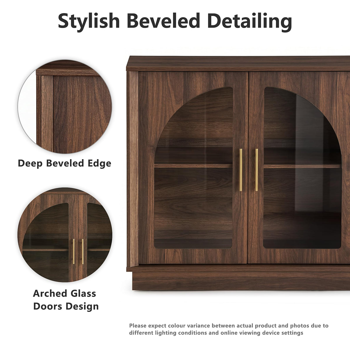 64" Sideboard Buffet Cabinet with Arched Glass Doors,Dark Walnut