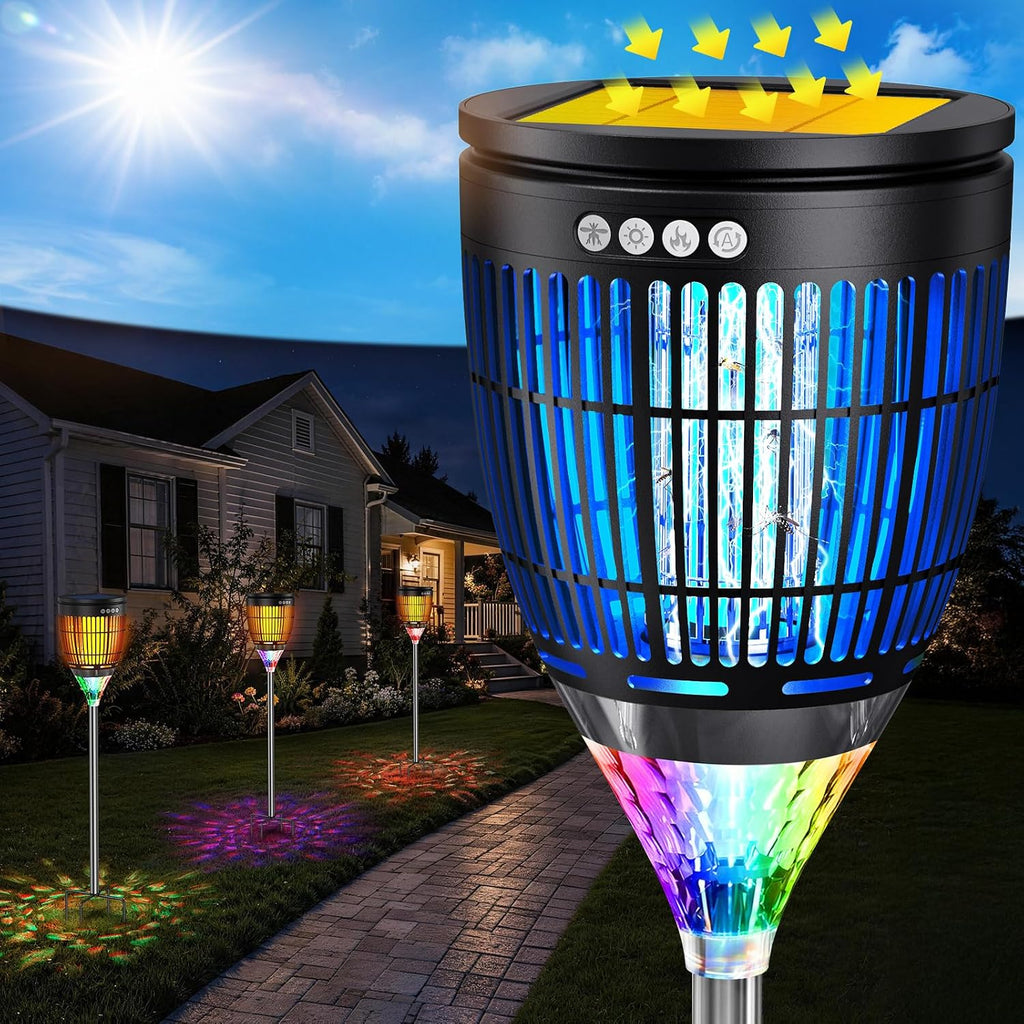 Solar Bug Zapper Outdoor, 3 in 1 Solar Mosquito Zapper with Flame, Projection Mode, Auto On/Off, Grounding Bracket