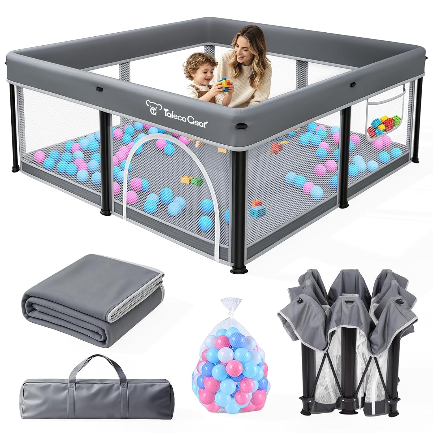 Foldable Baby Playpen with Mat, 50"×50" Collapsible Play Pen for Babies and Toddlers, Indoor & Outdoor Kids Safety
