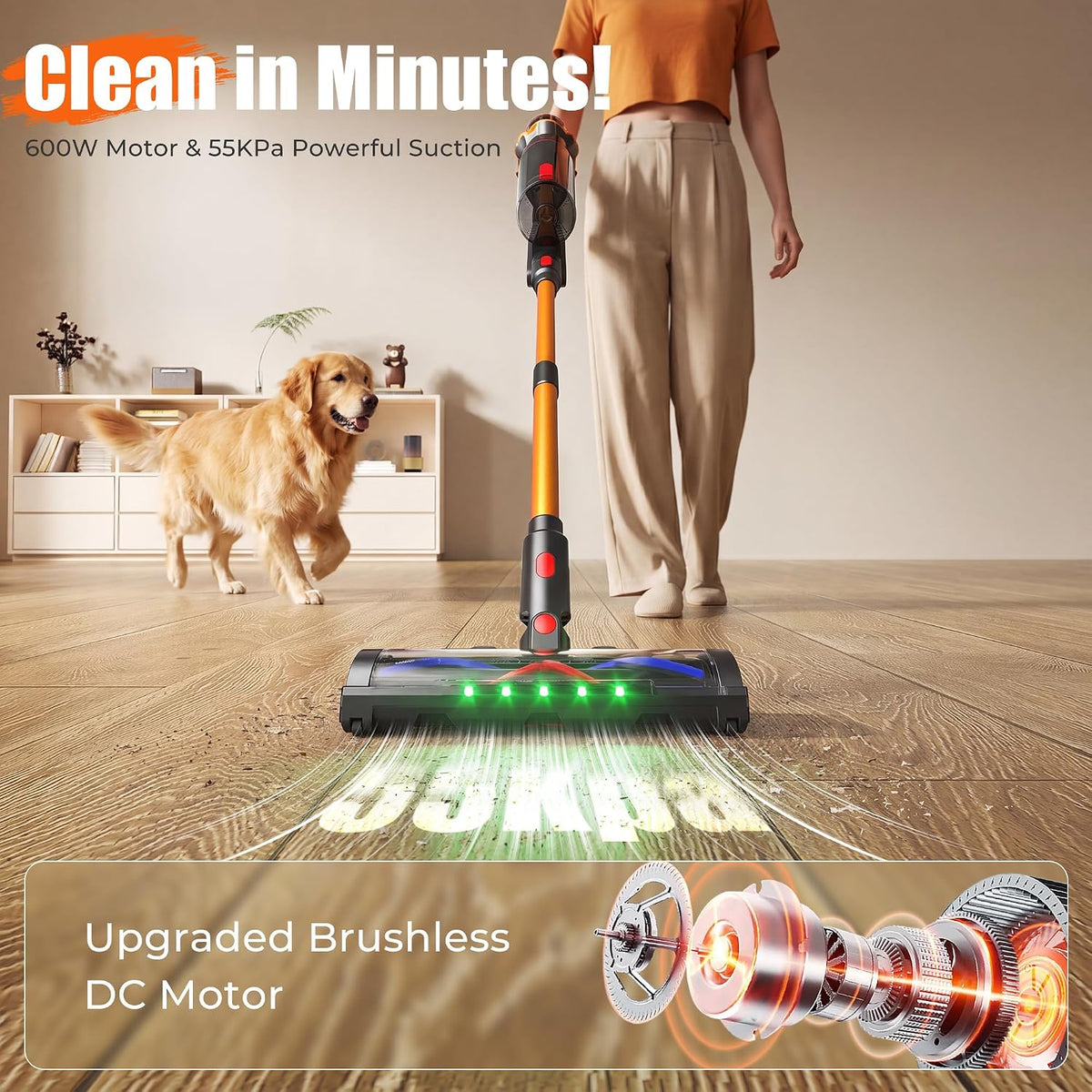 Cordless Vacuum Cleaner for Home, 55Kpa Suction, Up to 70-Min Runtime, Gold | 600W Bushless Motor, Self-Standing