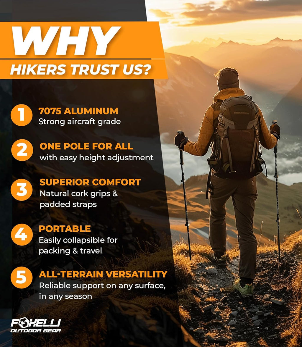 Trekking Poles – Lightweight Collapsible Aircraft Grade Aluminum Hiking Poles with Cork Grips Quick Locks &