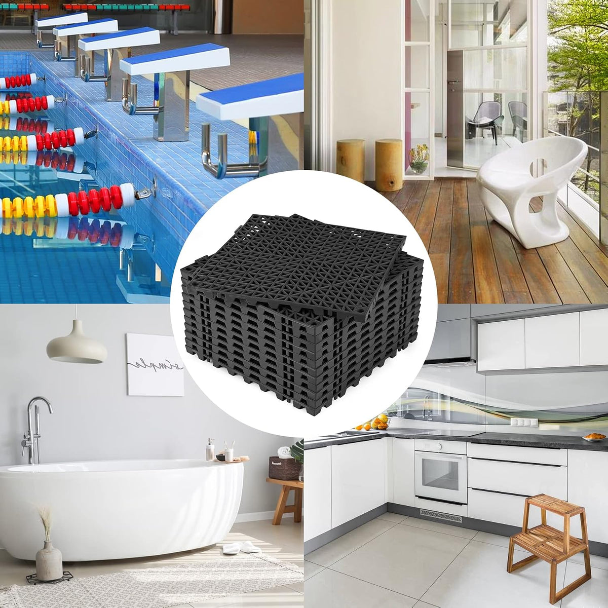 Modular Interlocking Cushion 12P 11.8" x 11.8" Interlocking Rubber Floor Drain Holes Non-Slip Splicing Drainage Mats