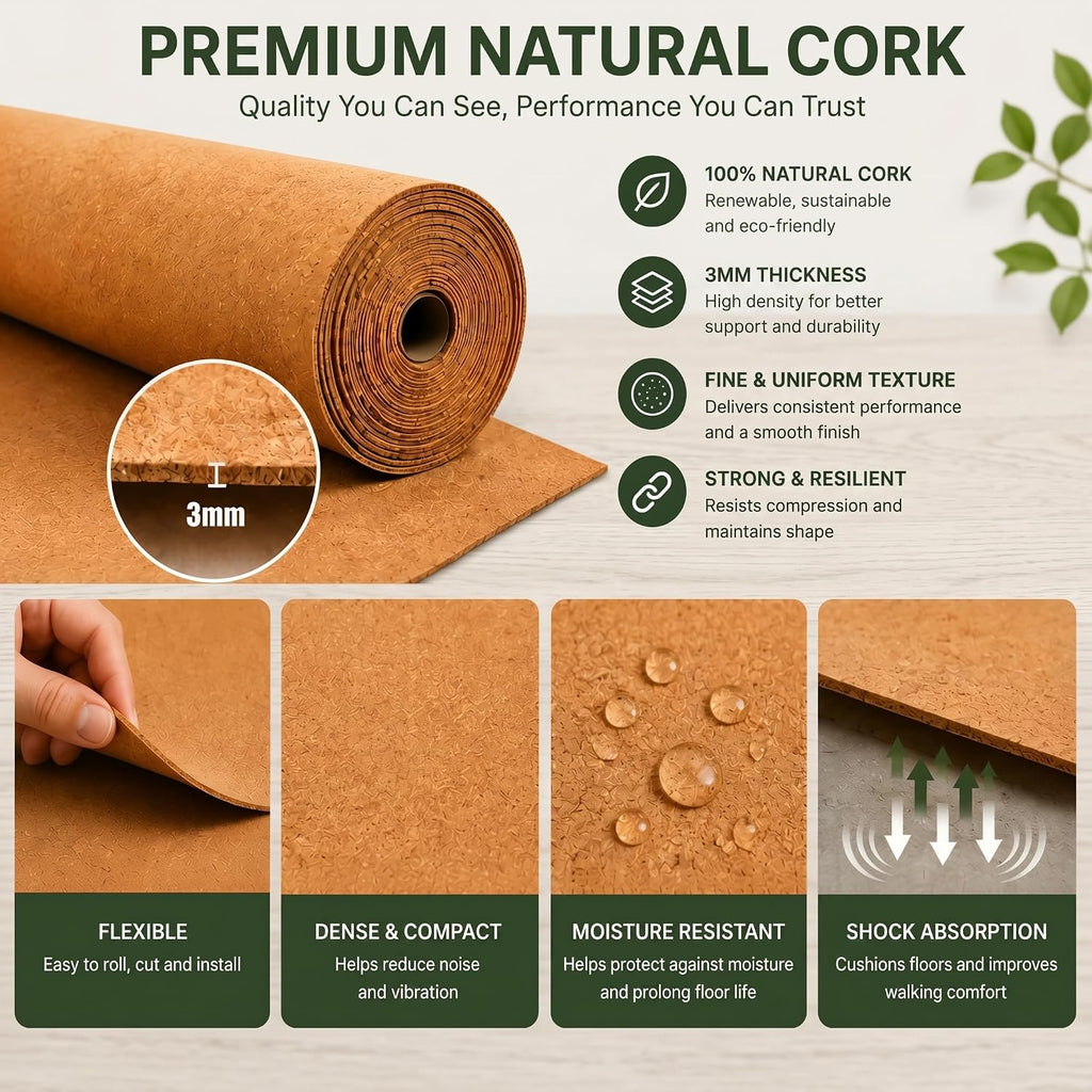200 Sq. Ft. Cork Roll 48 x 600 Inch Cork Underlayment Roll Sound Insulation Mildew and Moisture Proof for Office Home