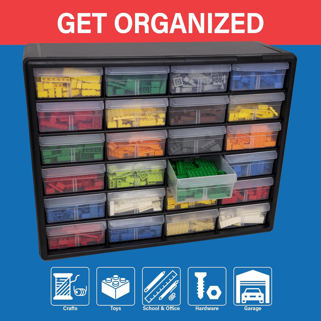 24-Drawer Plastic Storage Cabinet, 20" W x 6" D x 16" H, Black