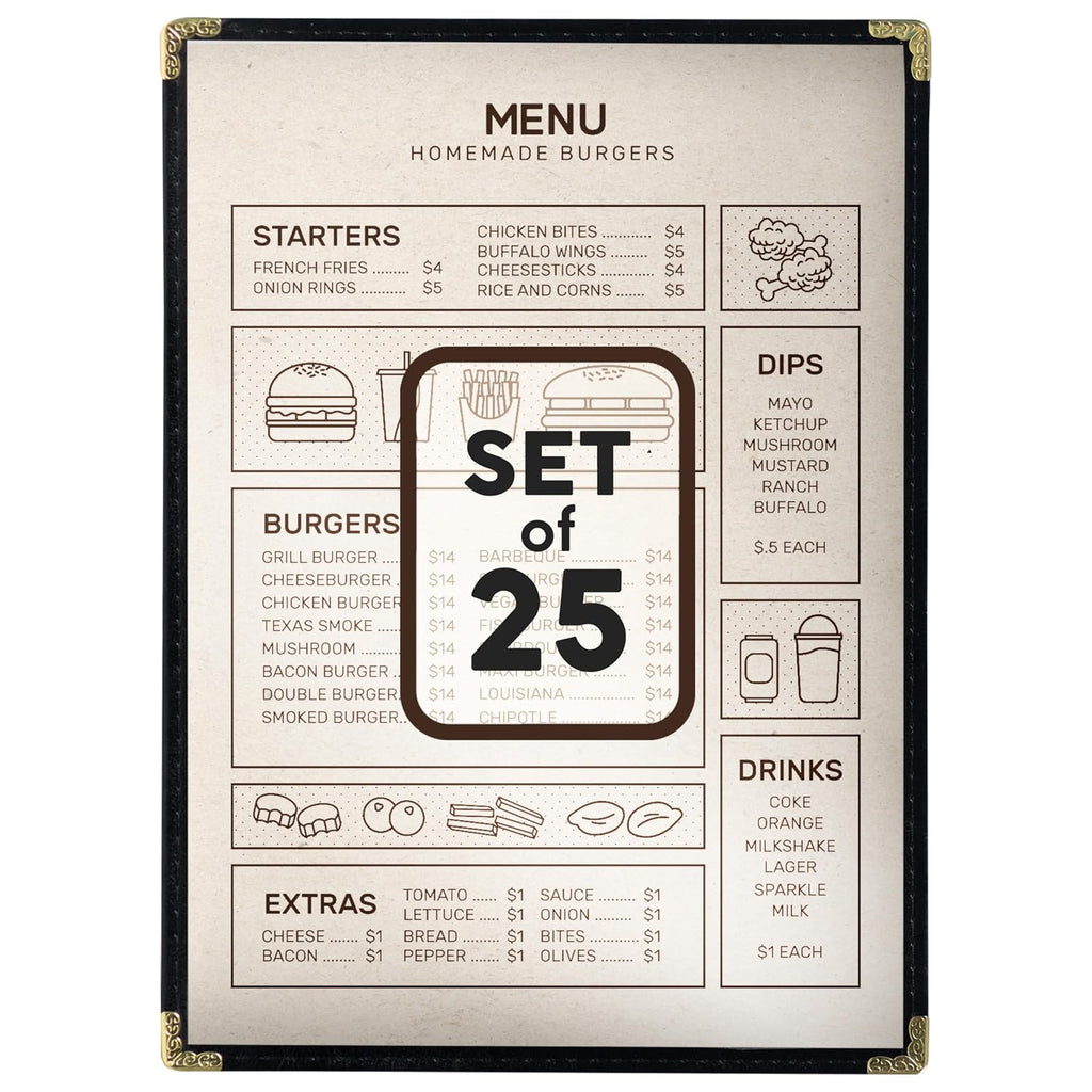 A4 Restaurant Menu Covers, 25 Pack, 8.3 x 11.7 inch, 1 Pocket, 2 Views