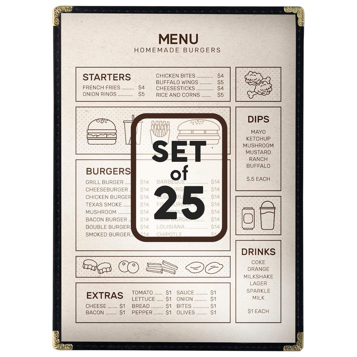 A4 Restaurant Menu Covers, 25 Pack, 8.3 x 11.7 inch, 1 Pocket, 2 Views