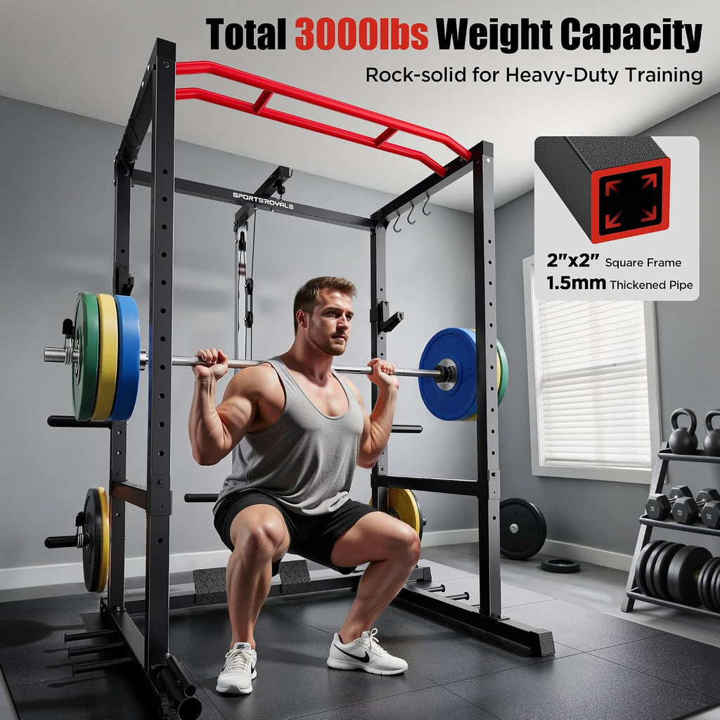 Power Rack, Multi-Functional Power Cage, Squat Rack with Pulley System & LAT Pull Down, Workout Cage with J Hooks for