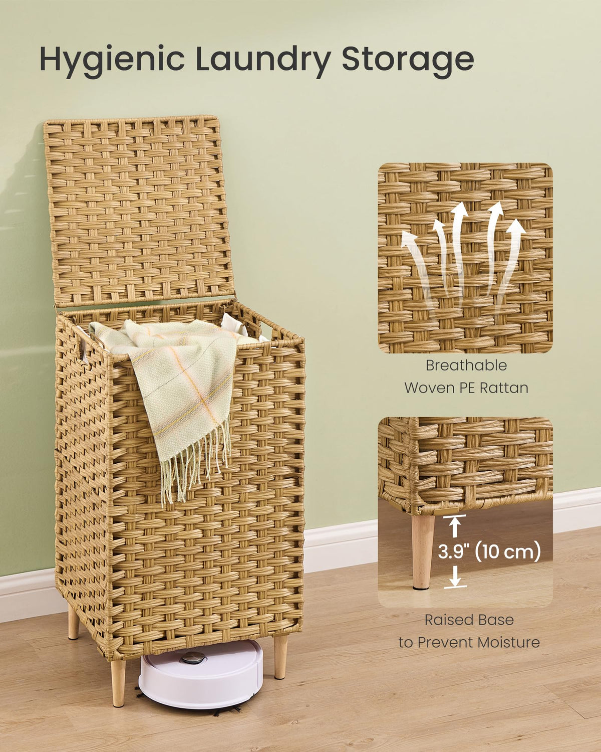 Laundry Hamper with Lid, PE Rattan, 25 Gallons (95 L)