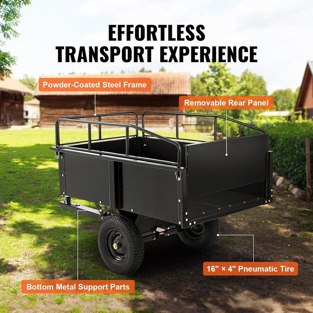 Heavy Duty ATV Trailer Steel Dump Cart, 750 lbs 15 Cubic Feet, Garden Utility Trailer Yard Trailers with Removable