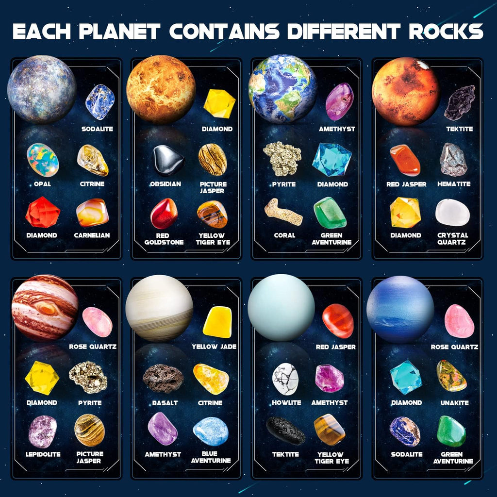 Gemstone Dig Kit - 40 Real Gems & Crystals, STEM Toy for Kids 6+ | 8 Planets Solar System Digging Kit, Mining Tools &