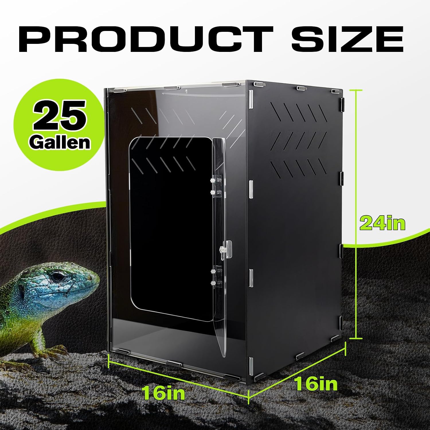 Reptile Tank Enclosure, Reptile Terrarium Acrylic Front Opening with Metal Translucent Mesh Top for Crested Gecko