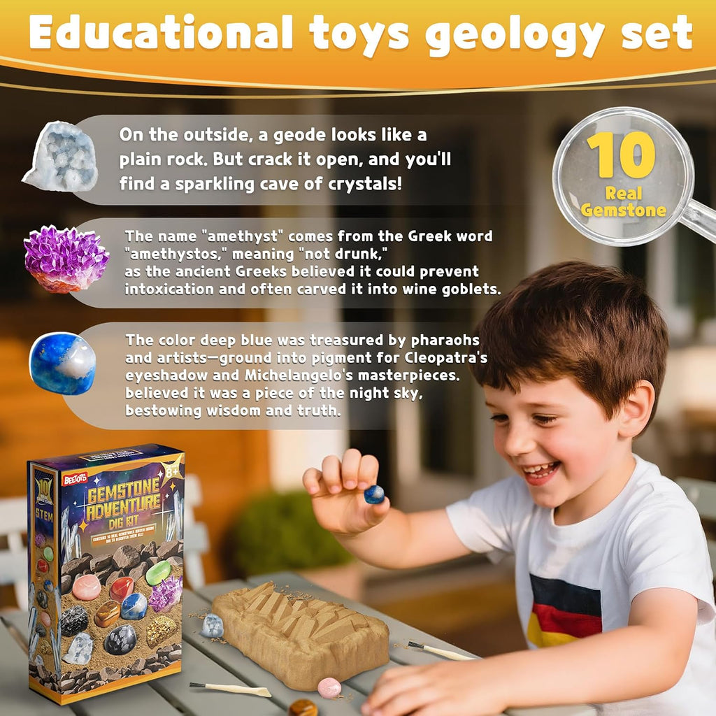 Gemstone Dig Kit for Kids with 2 Tools, 10 Real Gems Tektite | Lapis Lazuli and Tektite|STEM Science Mining