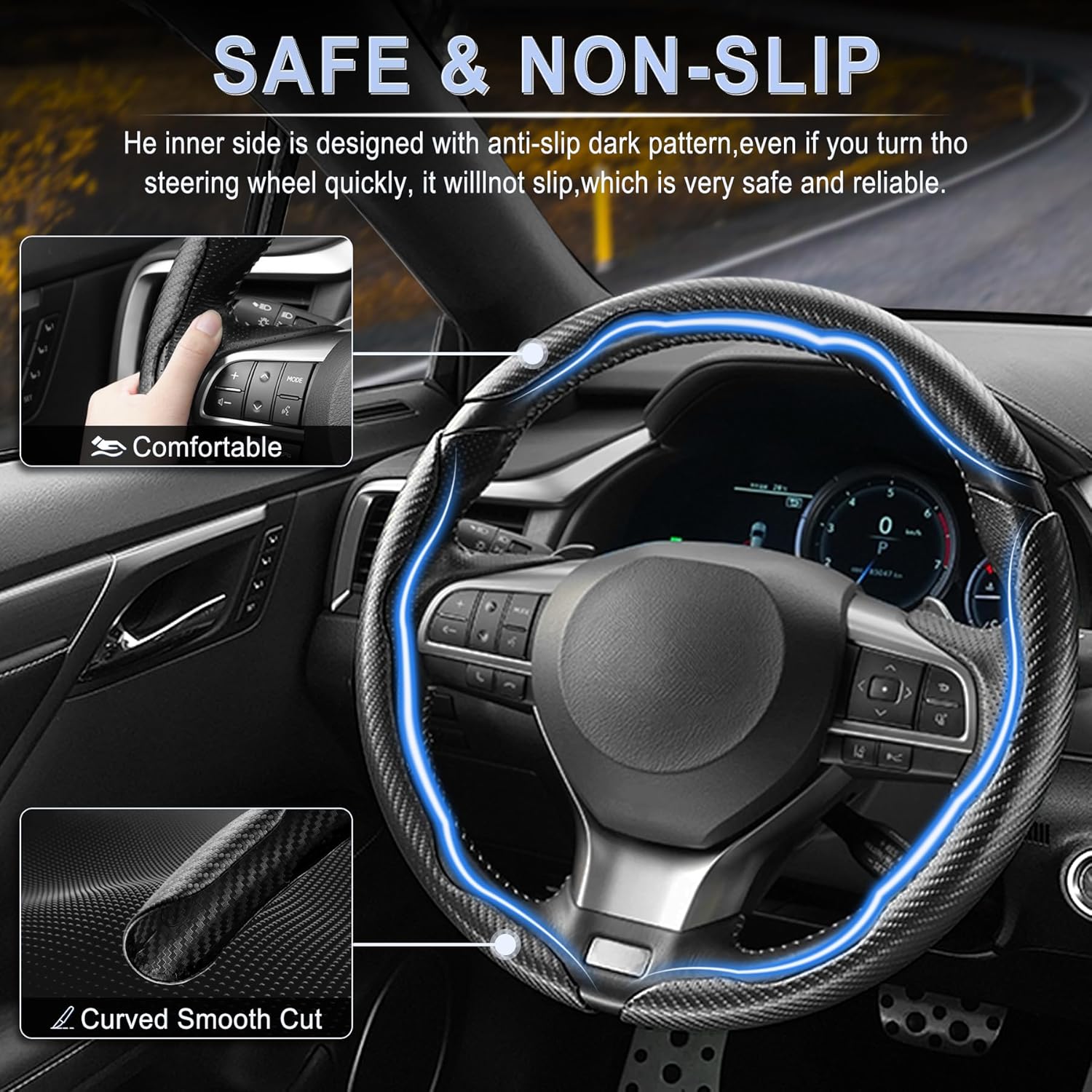 3pcs Carbon Fiber Anti-Skid Steering Wheel Cover, Waterproof & Segmented Butterfly Design, Universal 99% Vehicle