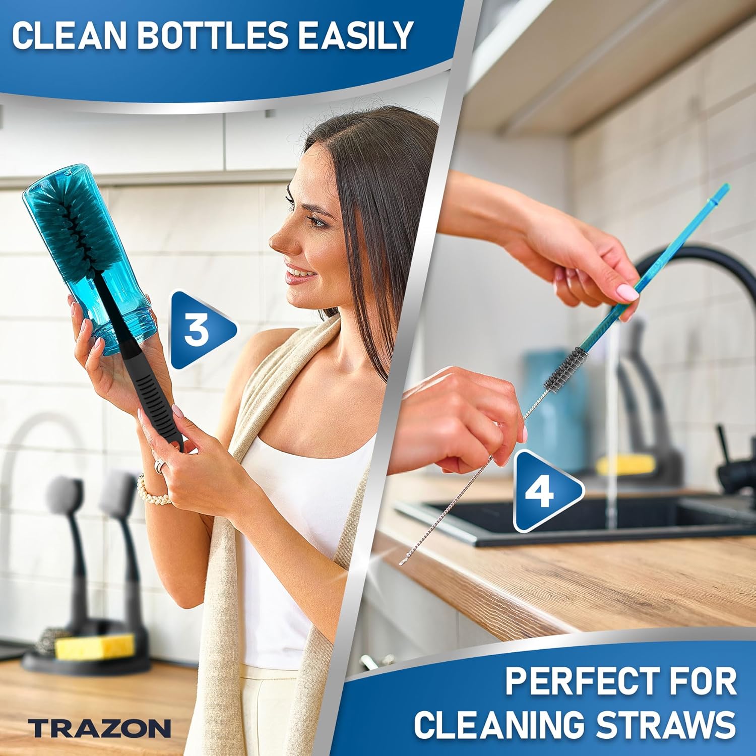 Dish Brush Set of 5 with Holder - Kitchen Scrub Brushes with Non-Slip Long Handle for Cleaning, Scrubber