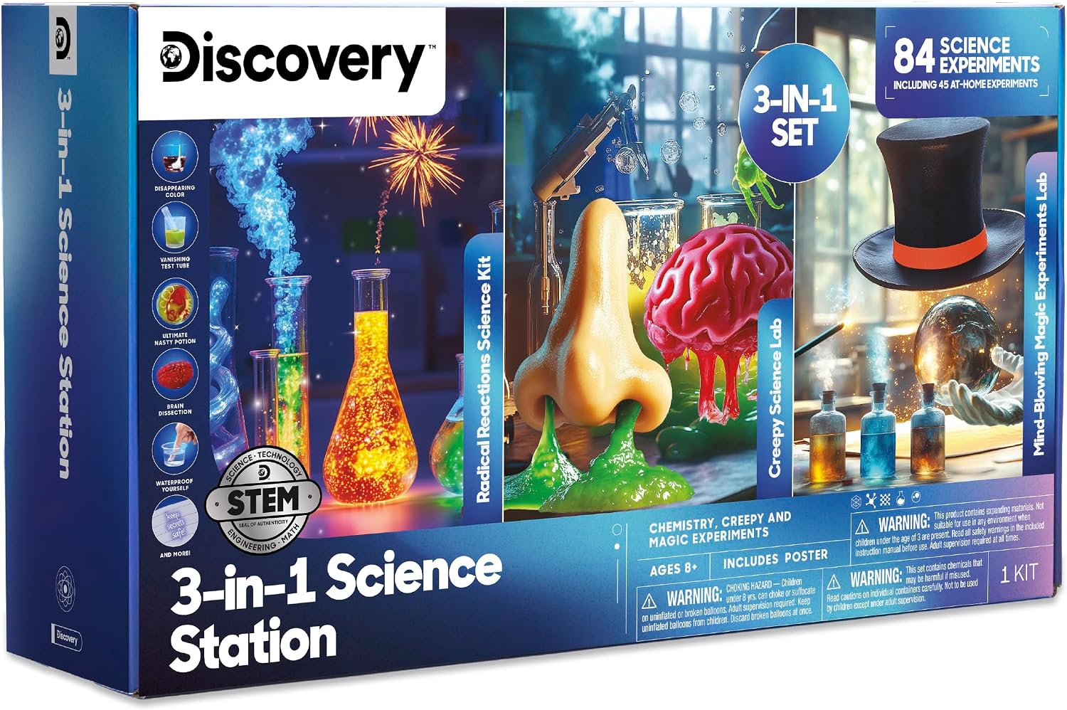3-in-1 Science Station for Kids| 84 Science Experiment Kit| Erupting Volcano, Glow Slime, Brain Dissection, Magic