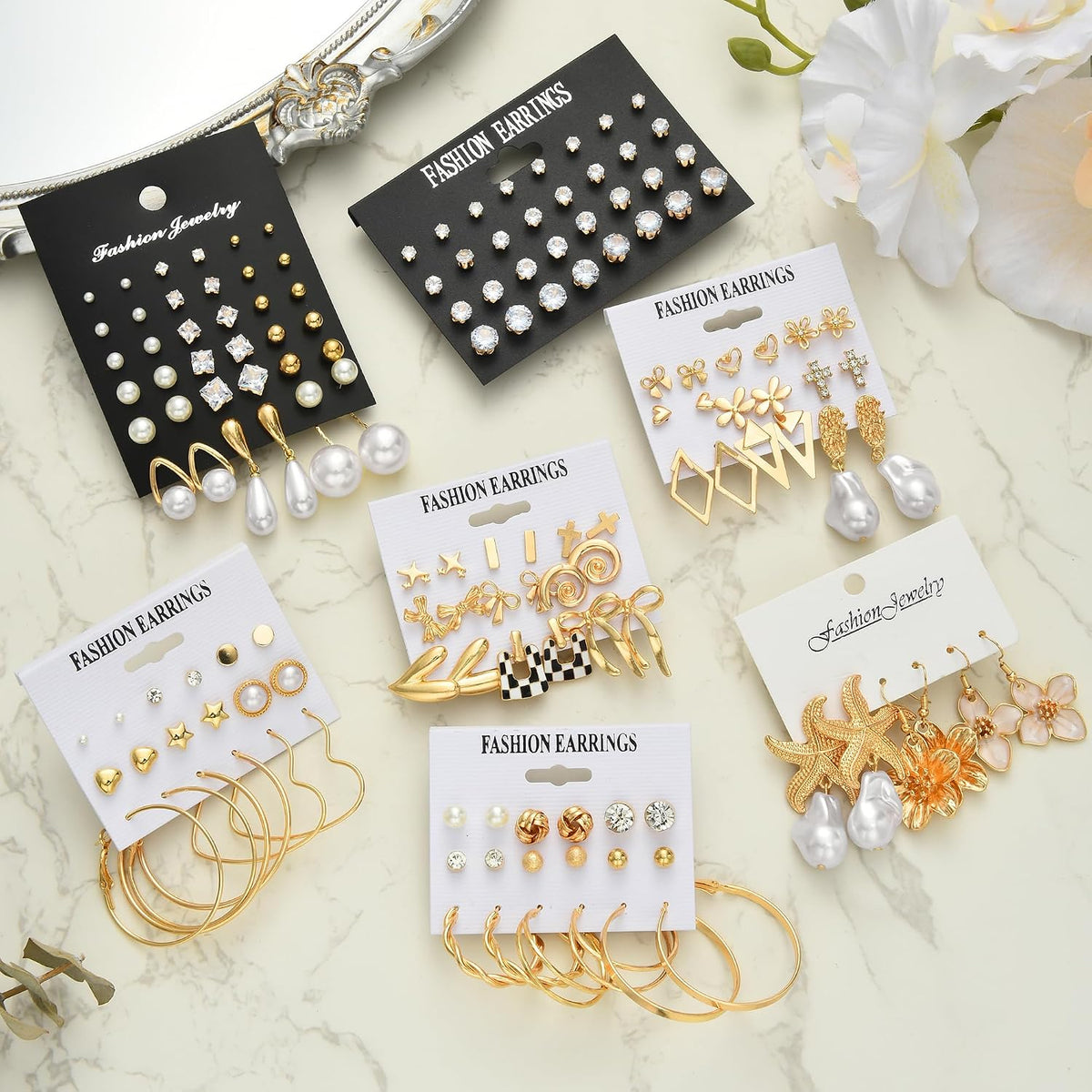 84 Pairs Gold Stud Earrings Set for Women Multipack, Fashion Pearl Cubic Zirconia Butterfly Earrings Packs Piercings