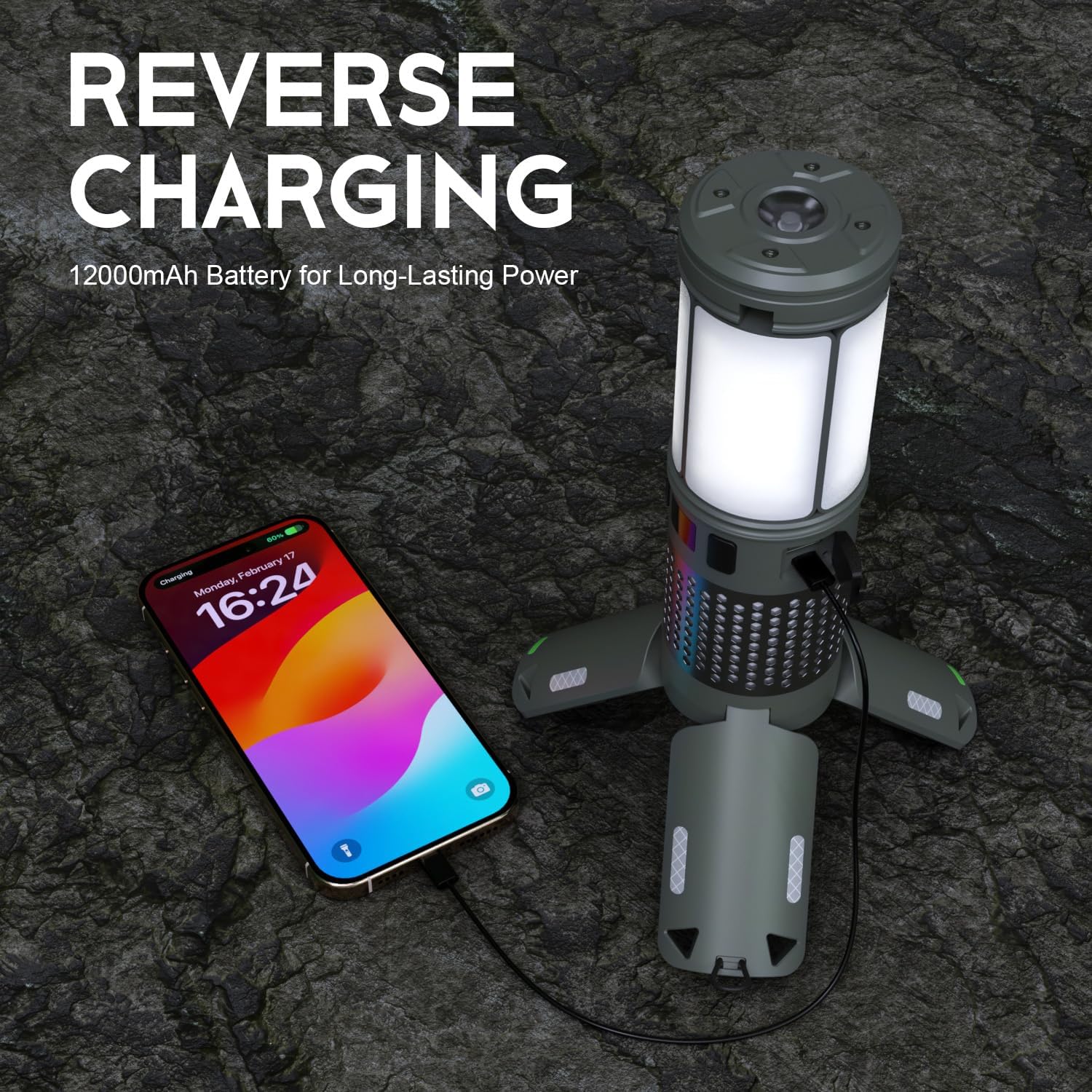 Telescopic Camping Lights with Stand, 40H Playtime, Magnetic Base | 12000mAh Portable Flashlight, RGB Ambient