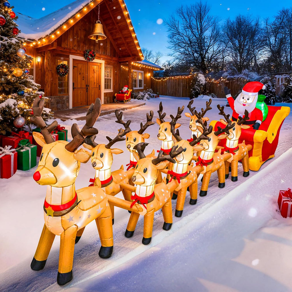 14 FT Christmas Inflatables Outdoor Decorations, Santa Claus Sleigh and 9 Reindeers Inflatable Xmas Blow up Yard