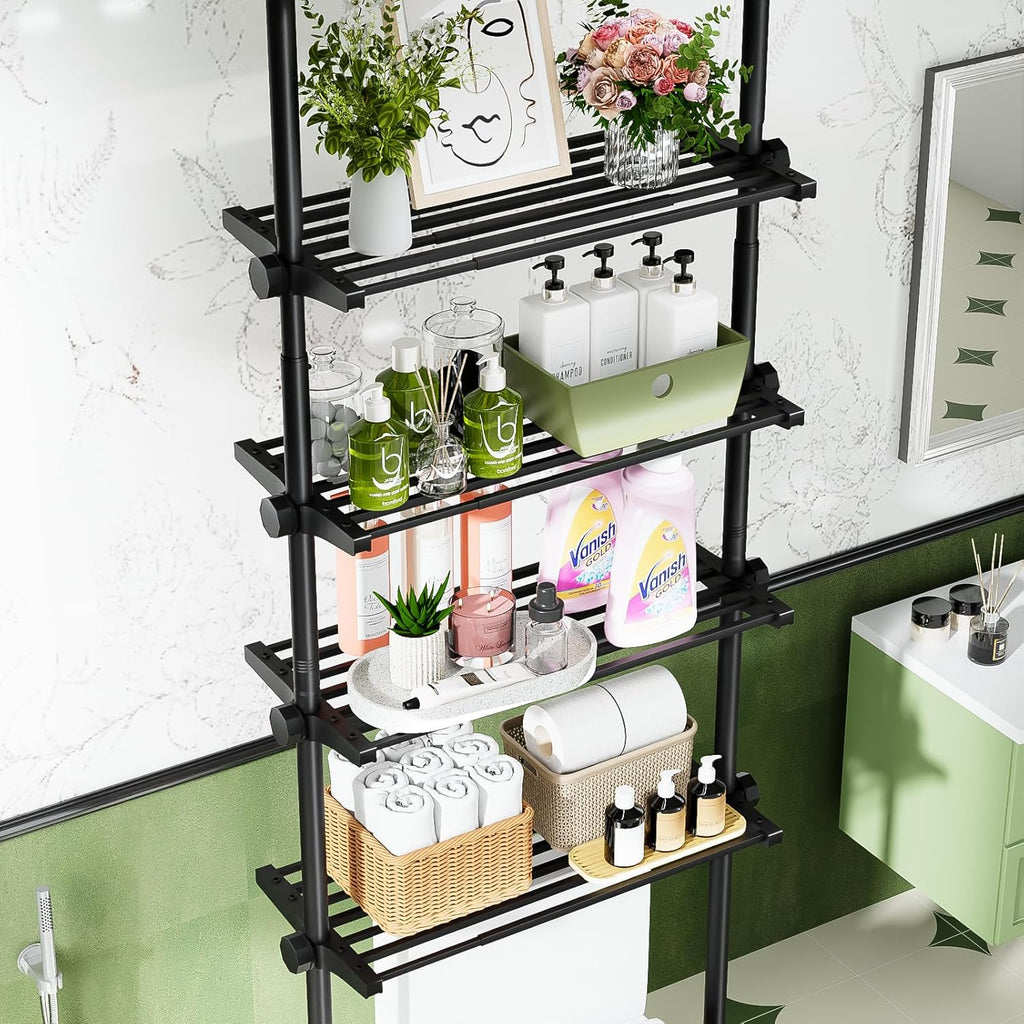 Over The Toilet Storage Shelf No Drill 4-Tier Adjustable Bathroom Organizer | Space-Saving Tension floor-to-ceiling