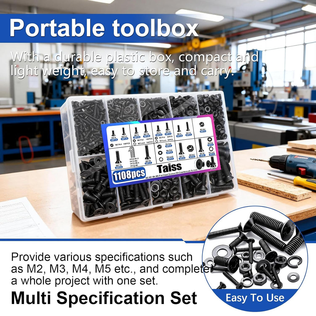 Taiss 1108PCS M2 M3 M4 M5 Screw Kit,Flat Head Metric Bolt Assortment