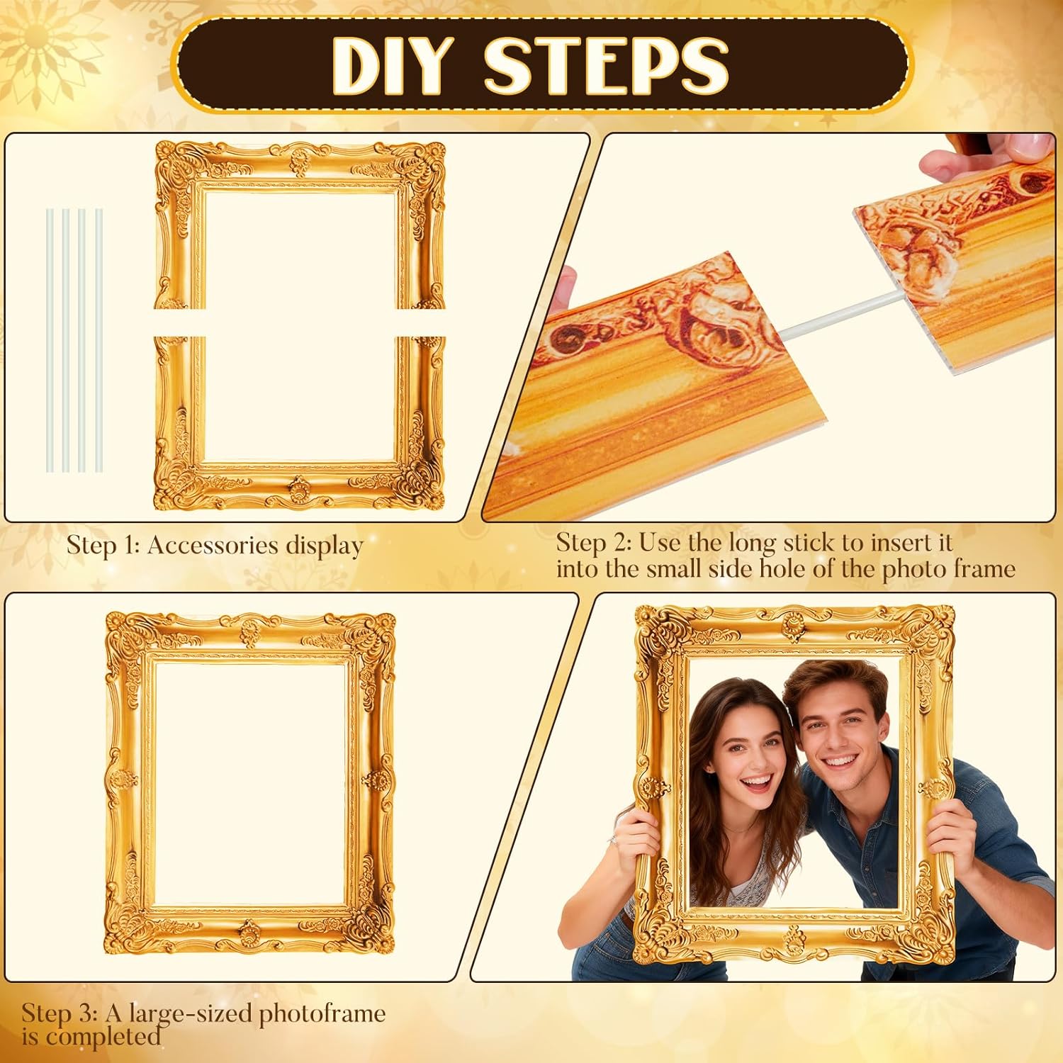 Large Gold Vintage Picture Frame Set of 3 - Cardboard Photo Booth Props for Weddings & Parties,Big Selfie Frame with