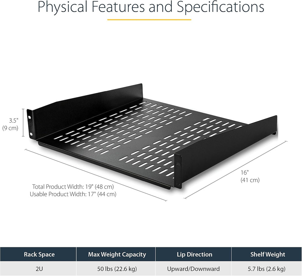 StarTech 2U Vented Cantilever Rack Shelf, 16in Deep, 50lb, TAA (CABSHELFV)