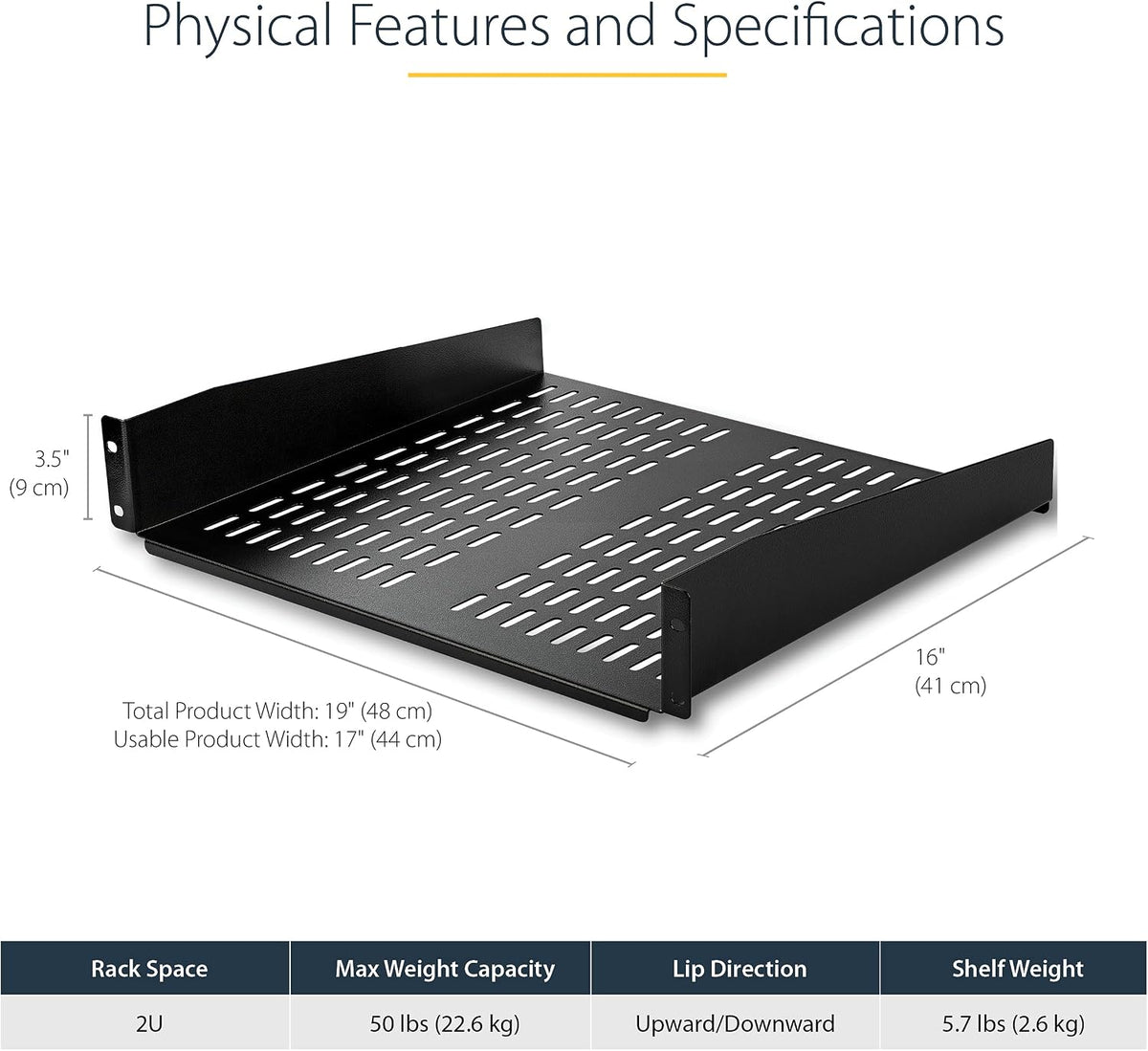 StarTech 2U Vented Cantilever Rack Shelf, 16in Deep, 50lb, TAA (CABSHELFV)