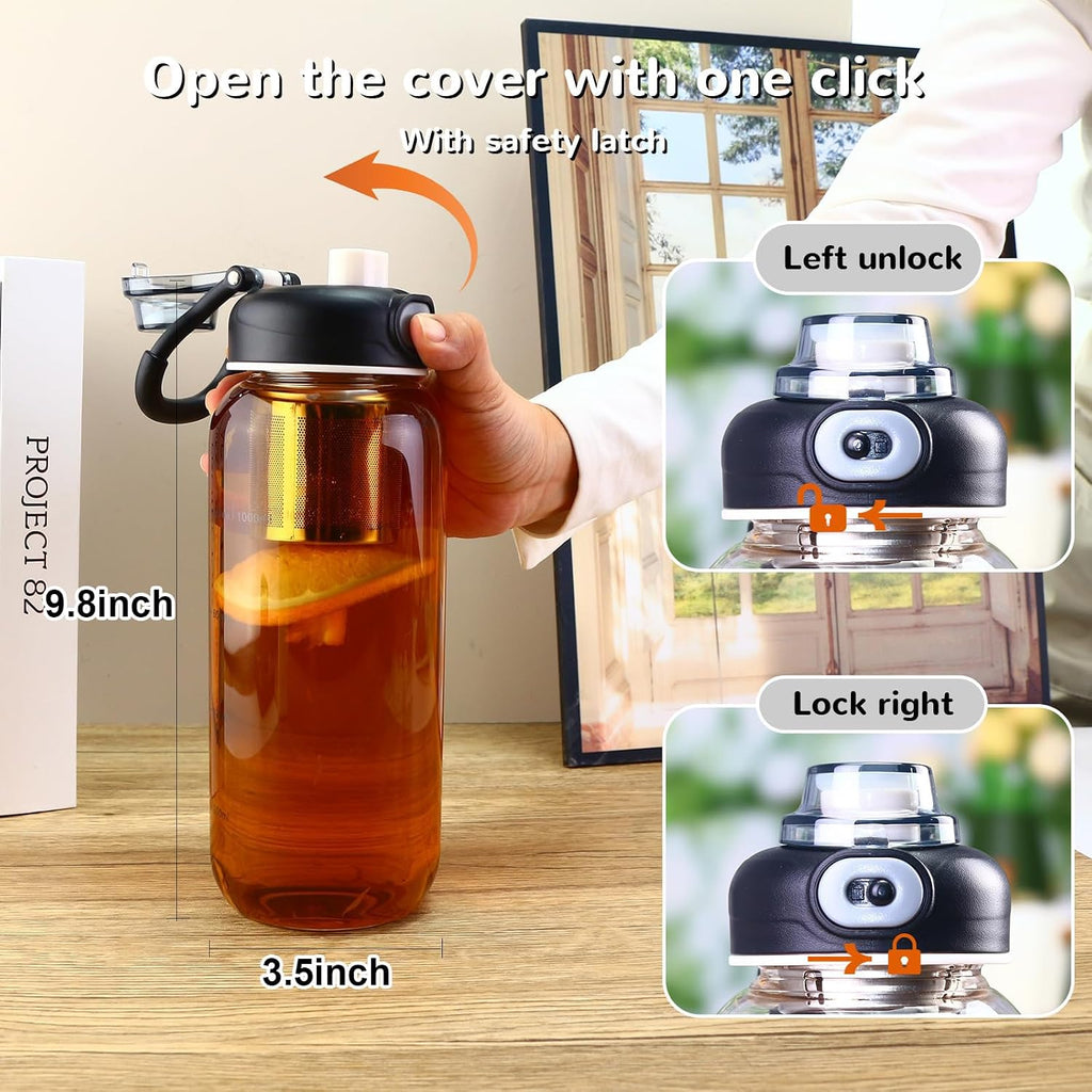 34oz Glass Water Bottle with capacity Mark & Stainless Steel Tea Strainer-Large Capacity for Hot/Cold