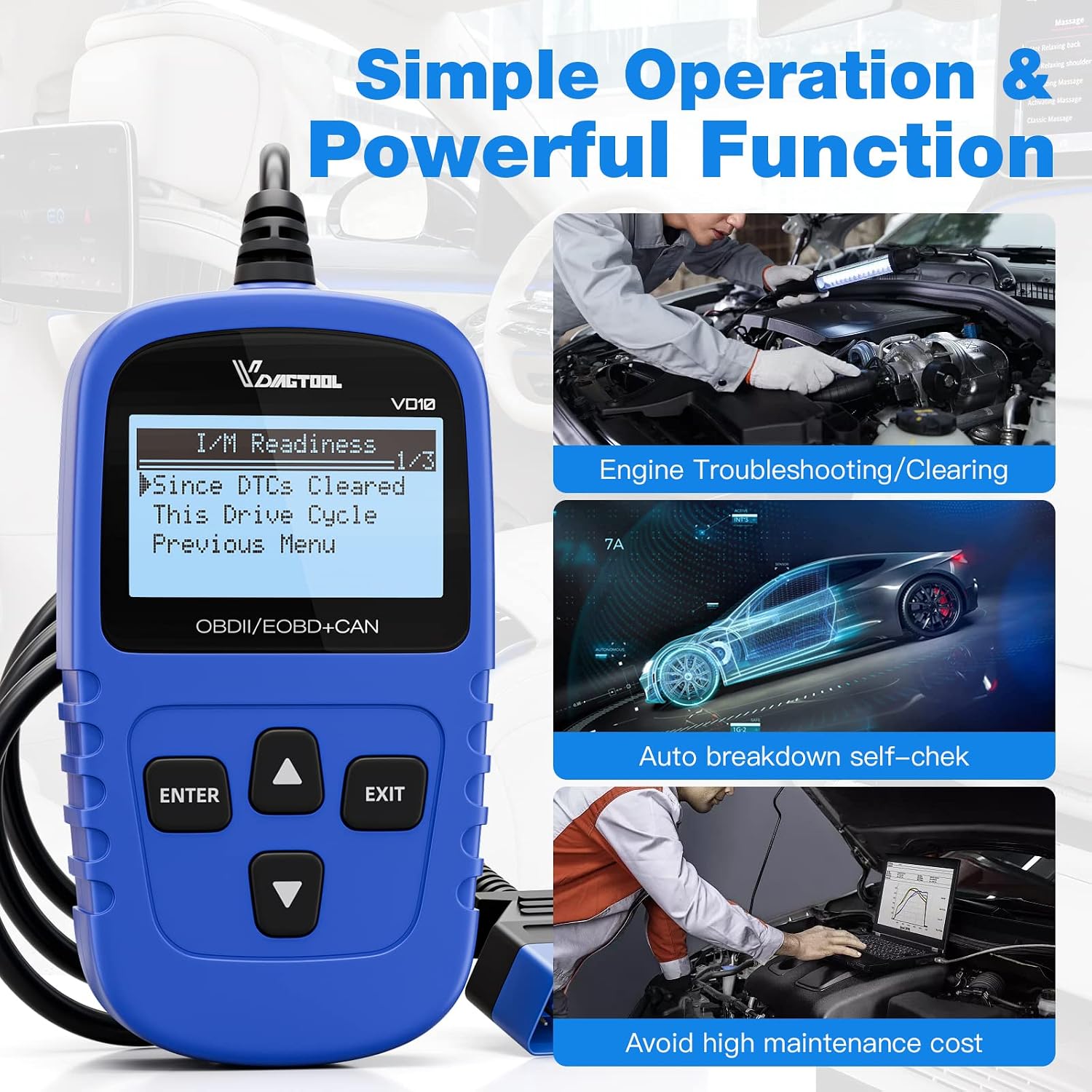VD10 OBD2 Scanner Code Reader Car Diagnostic Tool Engine Fault Code Reader for Turn Off CEL with Freeze Frame/I/M