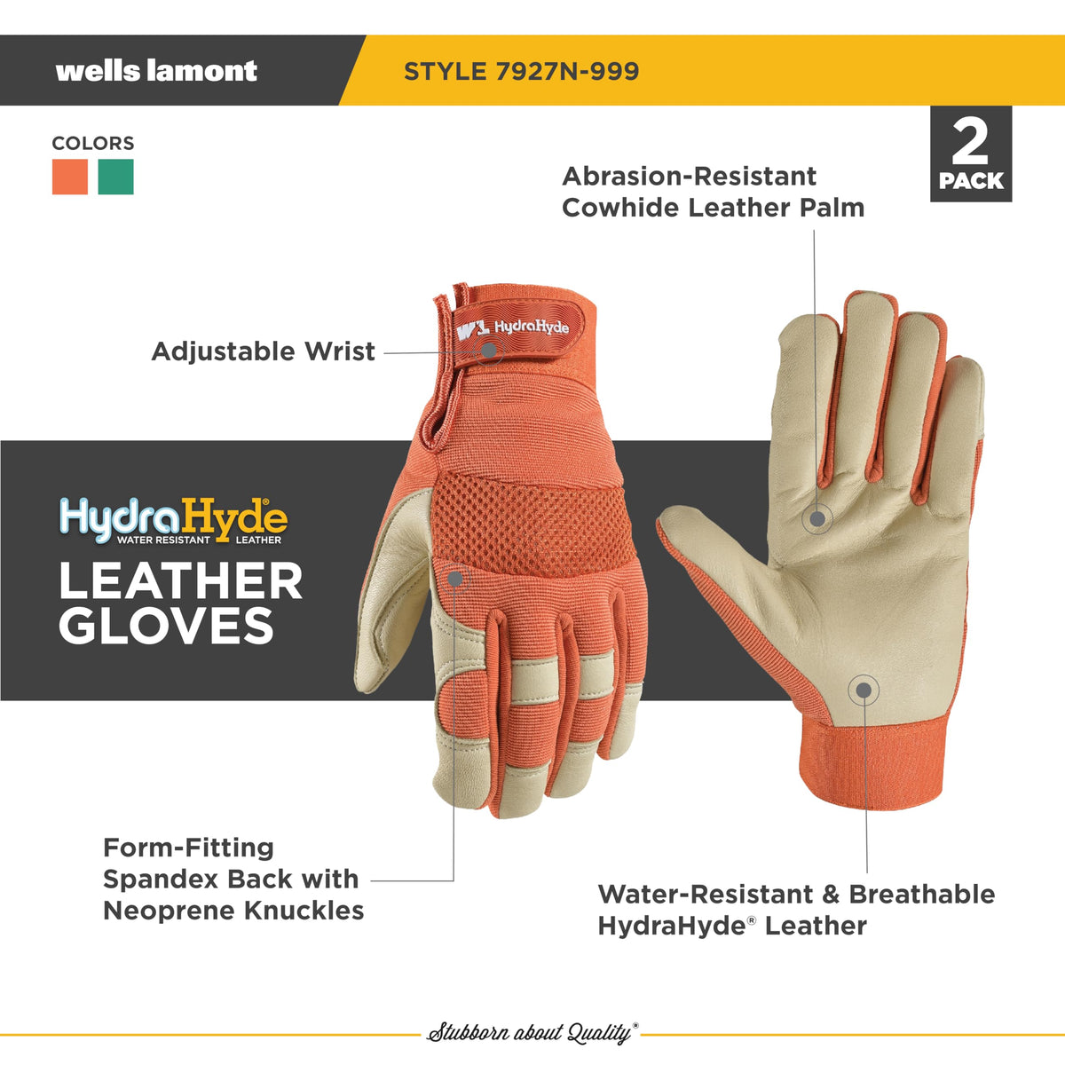 2-Pack Women's HydraHyde Leather Hybrid Work Gloves, Small