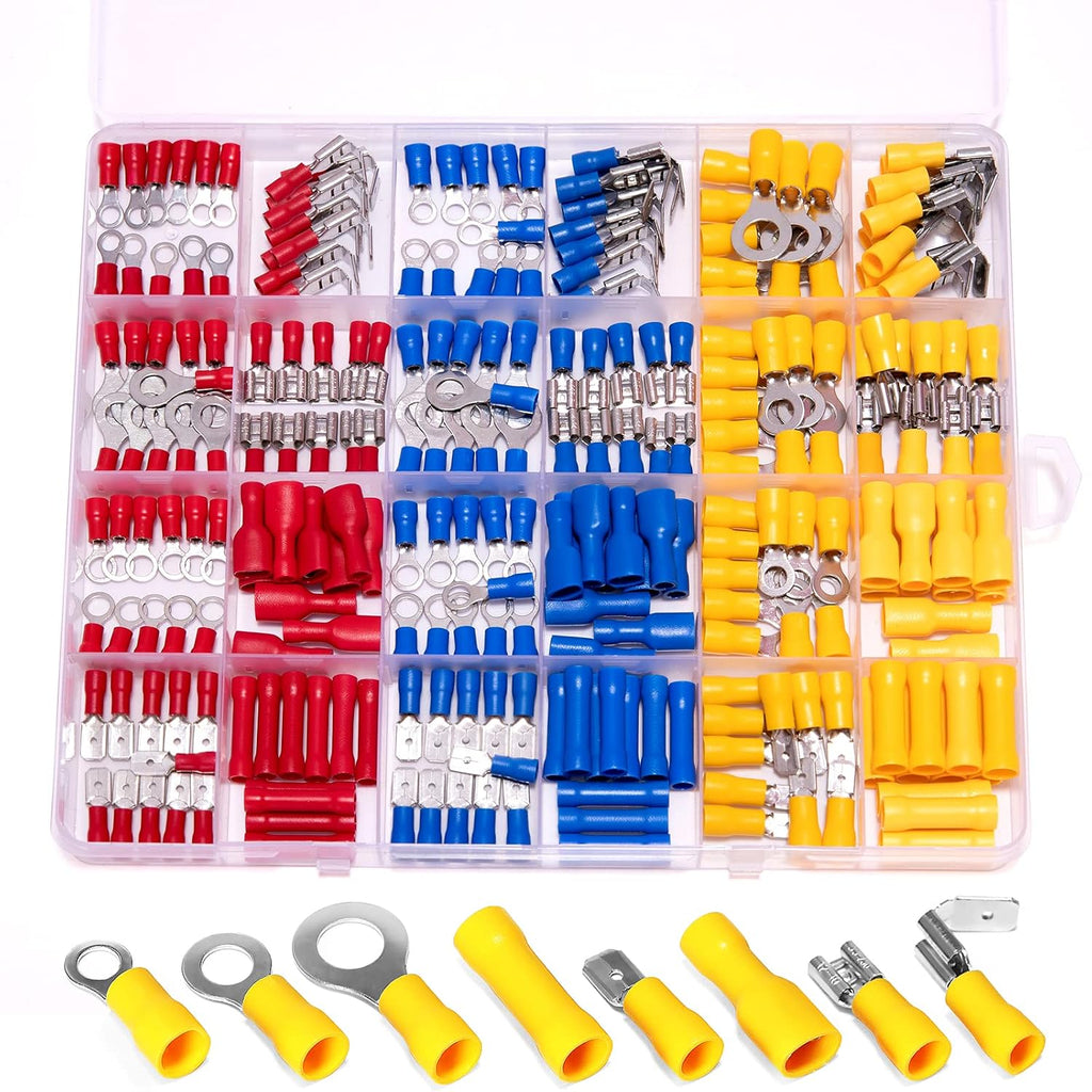 250Pcs Insulated Wire Connectors Assorted Crimp Terminal Kit - Quick Disconnect Ring Spade Butt Splices Piggy Back