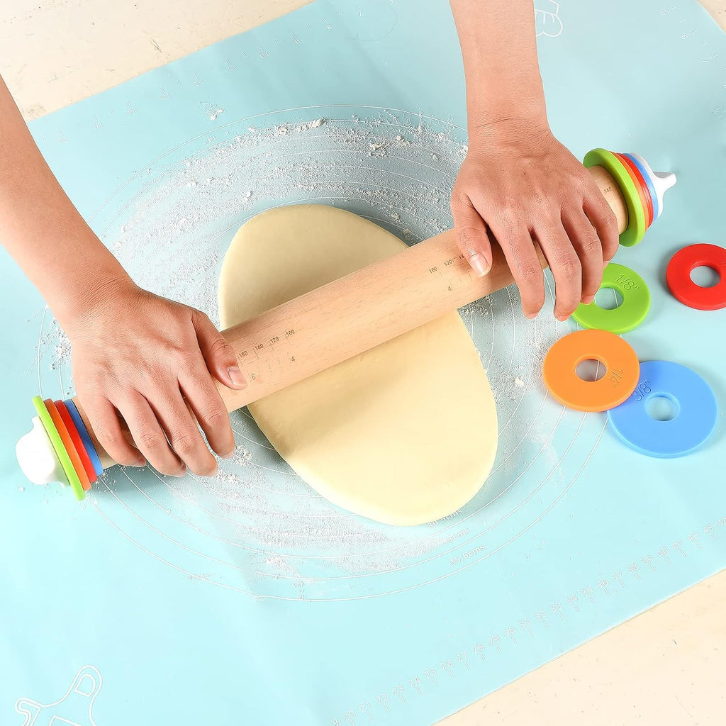 Wood Rolling Pin With 4 Adjustable Thickness Rings, Non-stick Dough Roller For Baking, 17 Inch Pizza Roller For