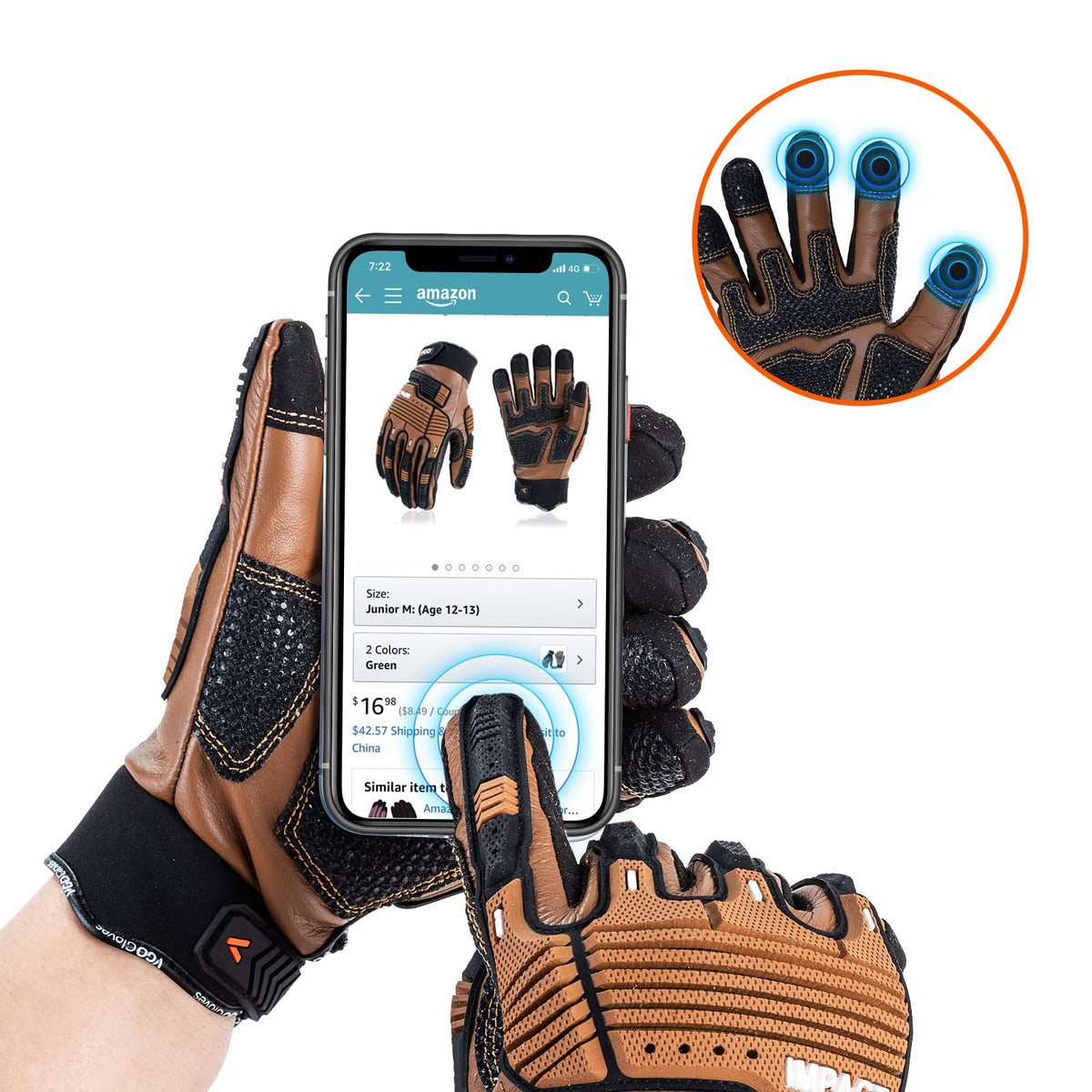 Men's Leather Impact Anti-Vibration Mechanic Gloves(CA7722WR,L)