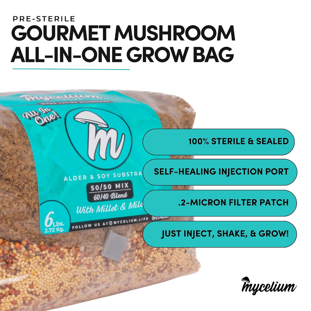 All-in-One Mushroom Grow Kit – 6 lb Sterilized Enhanced Substrate with Alder, Soy Hull, Millet & Milo Grains |