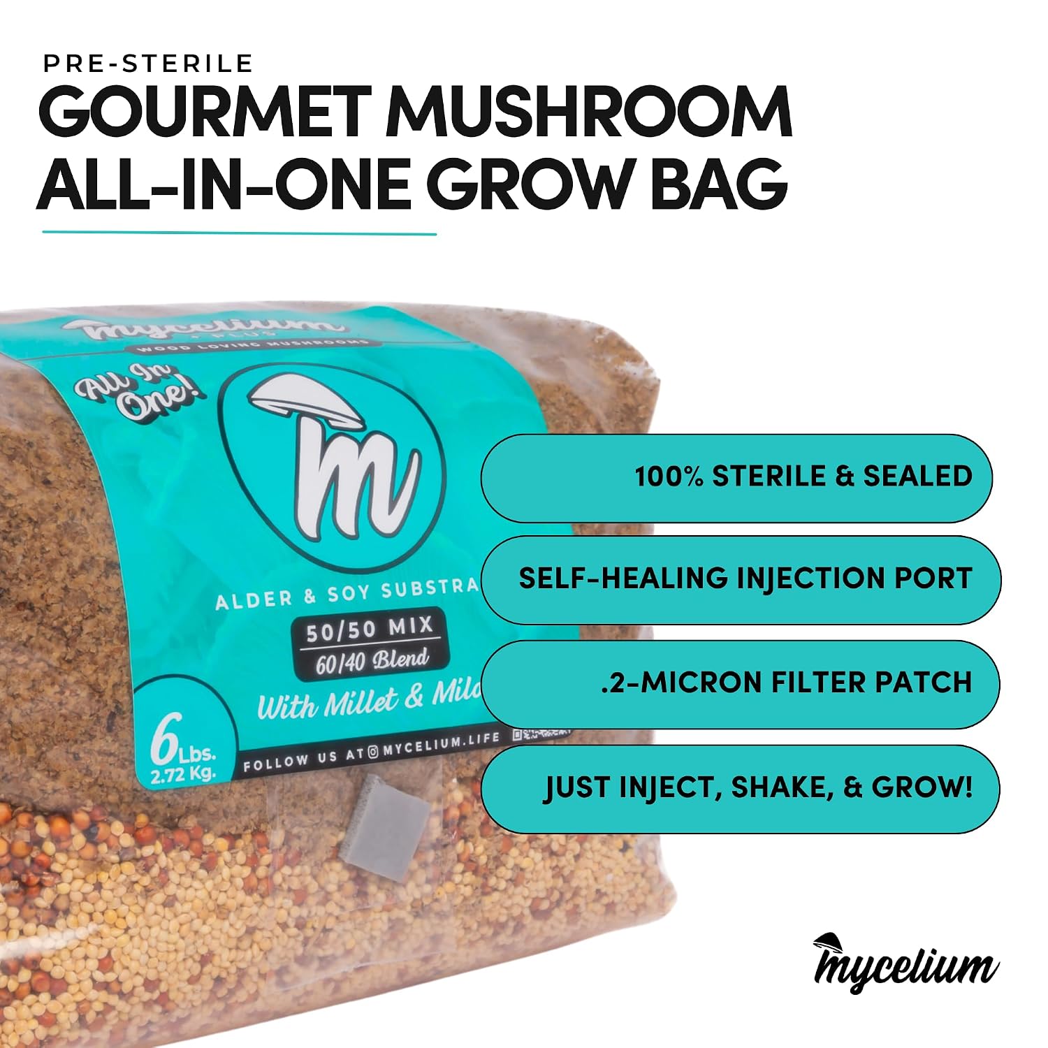 All-in-One Mushroom Grow Kit – 6 lb Sterilized Enhanced Substrate with Alder, Soy Hull, Millet & Milo Grains |