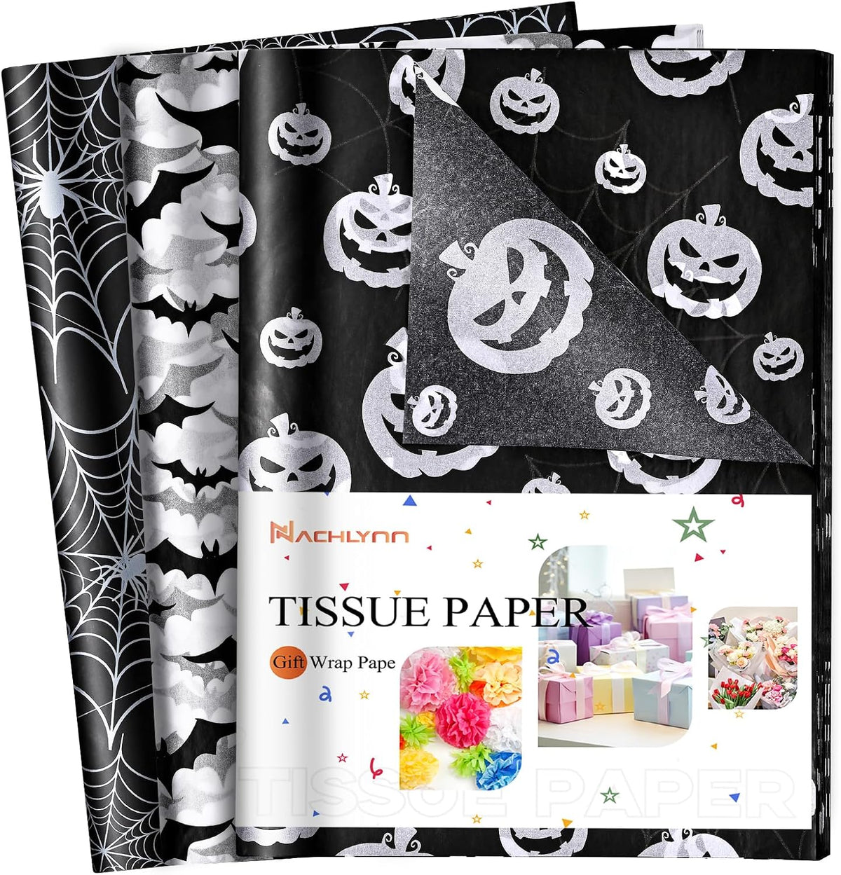 90 Sheets Halloween Tissue Paper Bulks 14 x 20inch Black White Pumpkin Cobweb Bat Gift Wrapping Paper Scary Horror