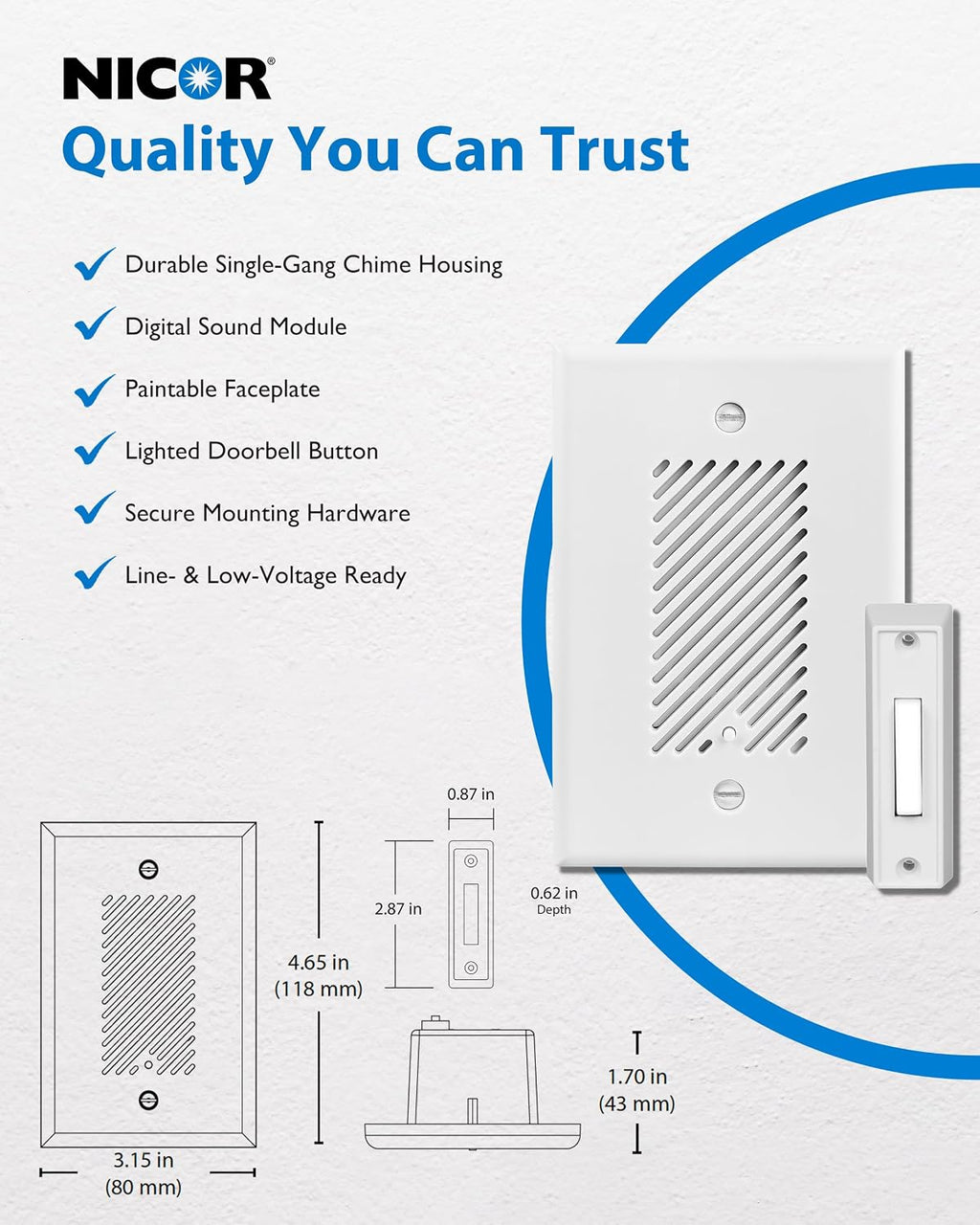 Doorbell Chime Kit - Easy Installation Electronic Door Bells for Home with Adjustable Volumes, 5 Chime Tones with