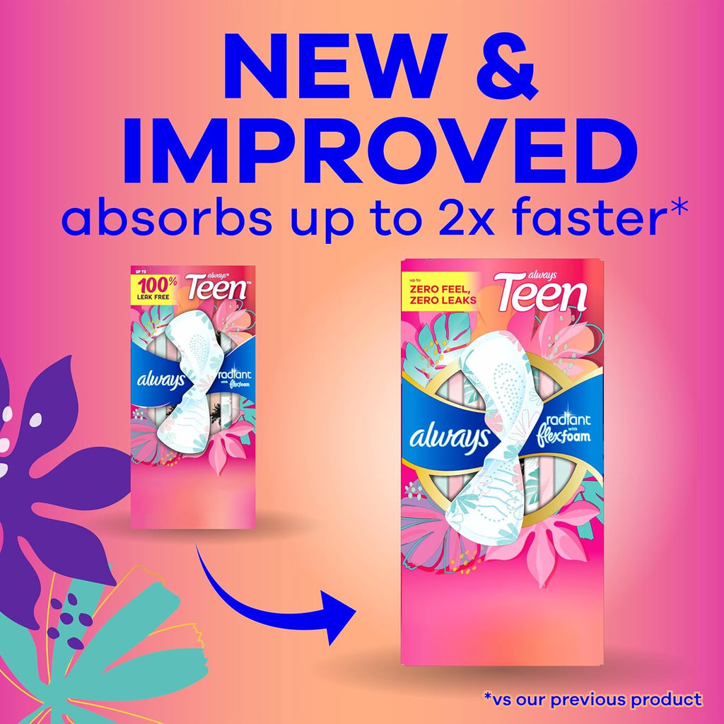 Radiant Teen Feminine Pads for Women, Size 1 Regular Absorbency, with Wings, Unscented, 14 Count