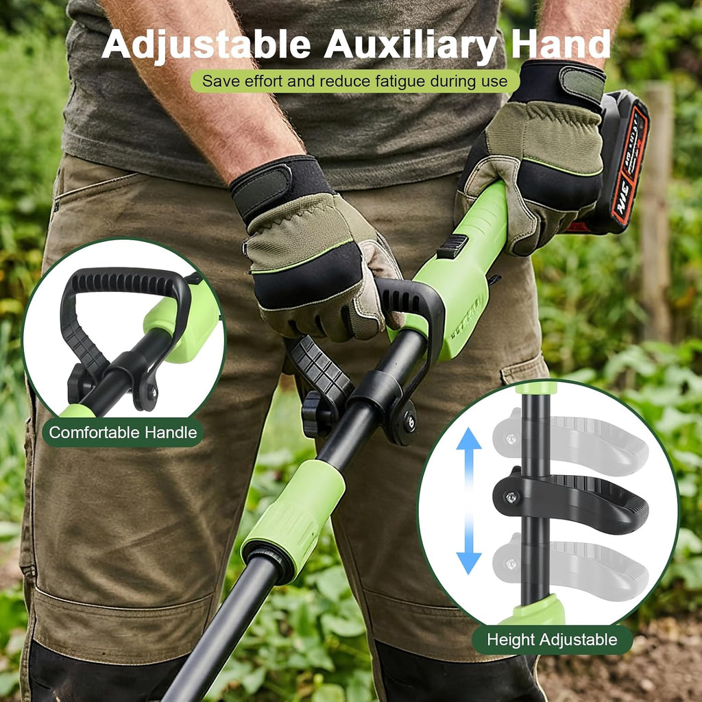 21V Cordless Tiller Cultivator, 2-in-1 Electric Garden Tiller with 2×1.5Ah Batteries, 550W Hand Tiller, 100mm Tilling