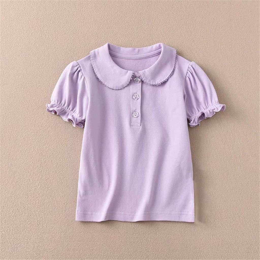 Girls Pure Cotton Polos Puff Sleeve Cute Peter Pan Collar Shirt Purple | Back to School Clothes for Teen Girls Kids
