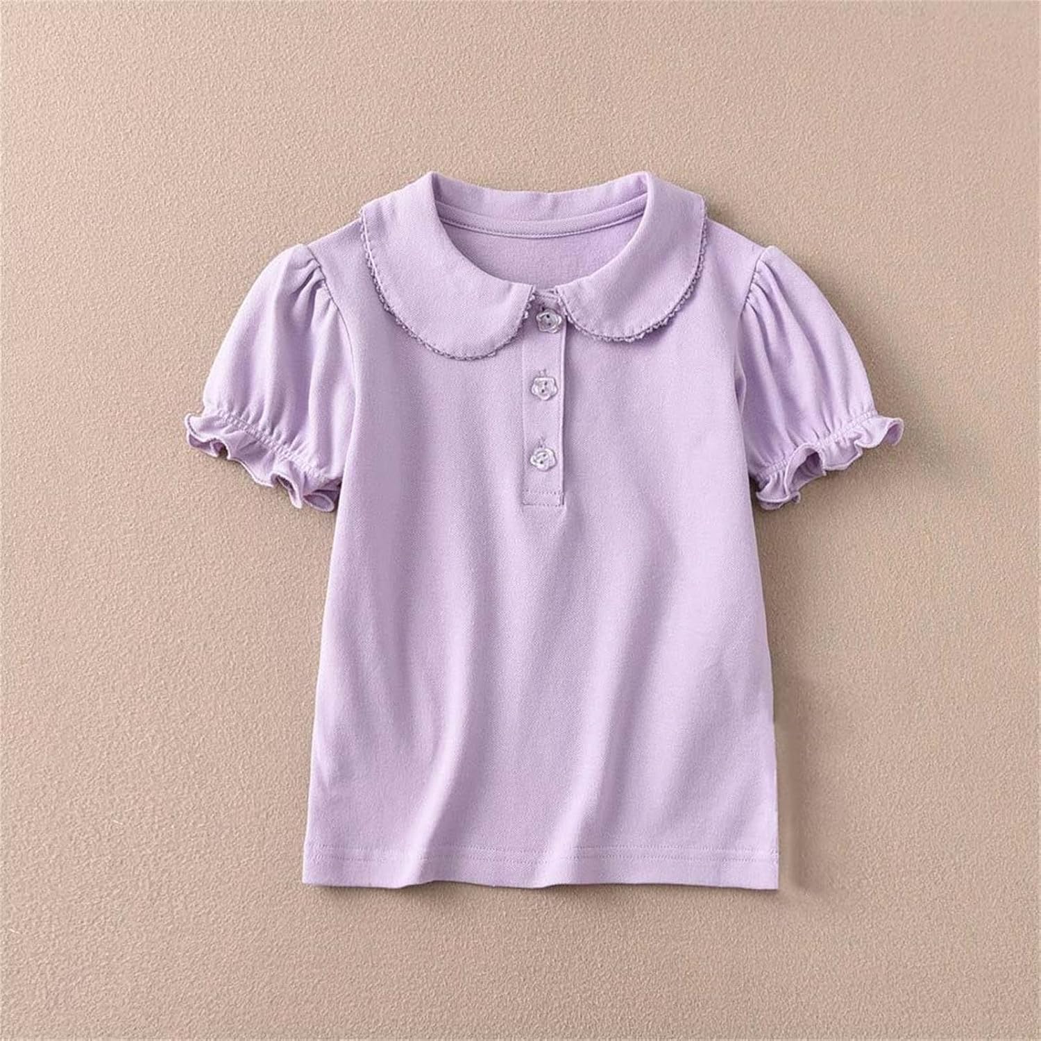 Girls Pure Cotton Polos Puff Sleeve Cute Peter Pan Collar Shirt Purple | Back to School Clothes for Teen Girls Kids